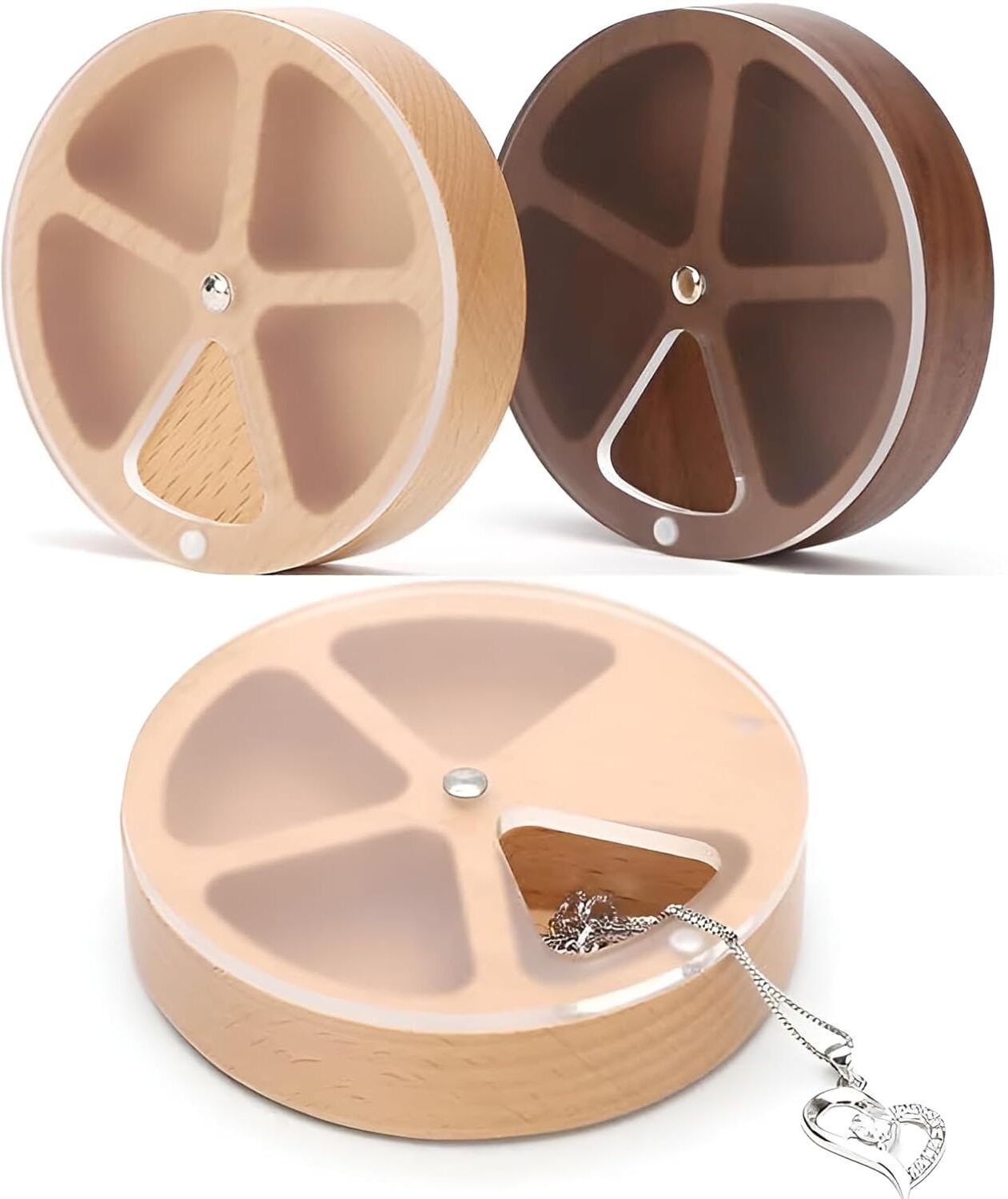 xsource Wooden Rotating Pill Organizer – 4 Compartment Portable Round Pill Box WoodSpin 5 Slot Rotating Storage Organizer Box Pill Box-picture-15