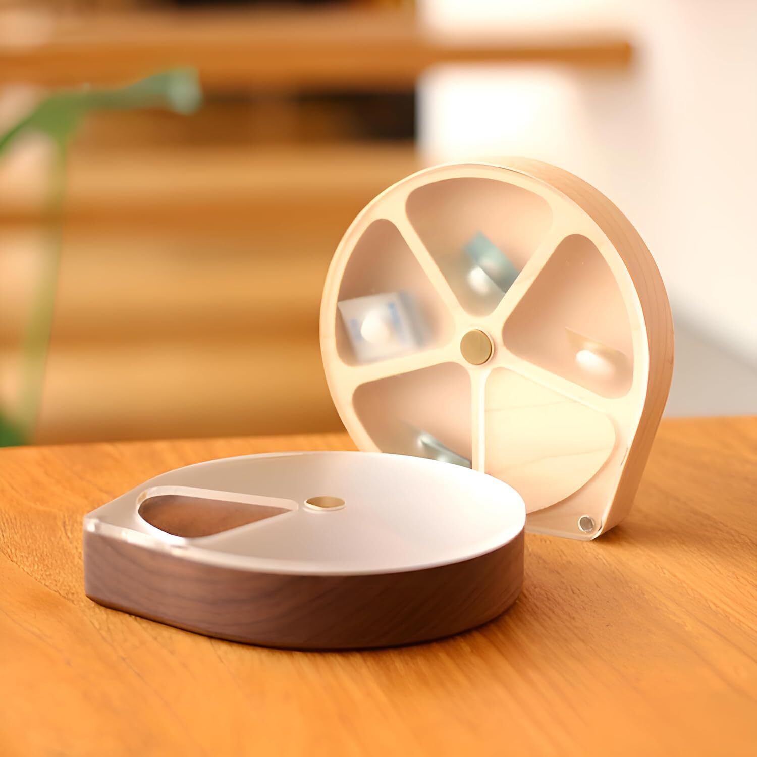 Wooden Rotating Pill Organizer – 4 Compartment Portable Round Pill Box MediSpin 5 Grid Portable Medicine Organizer Box Pill Box-image-12