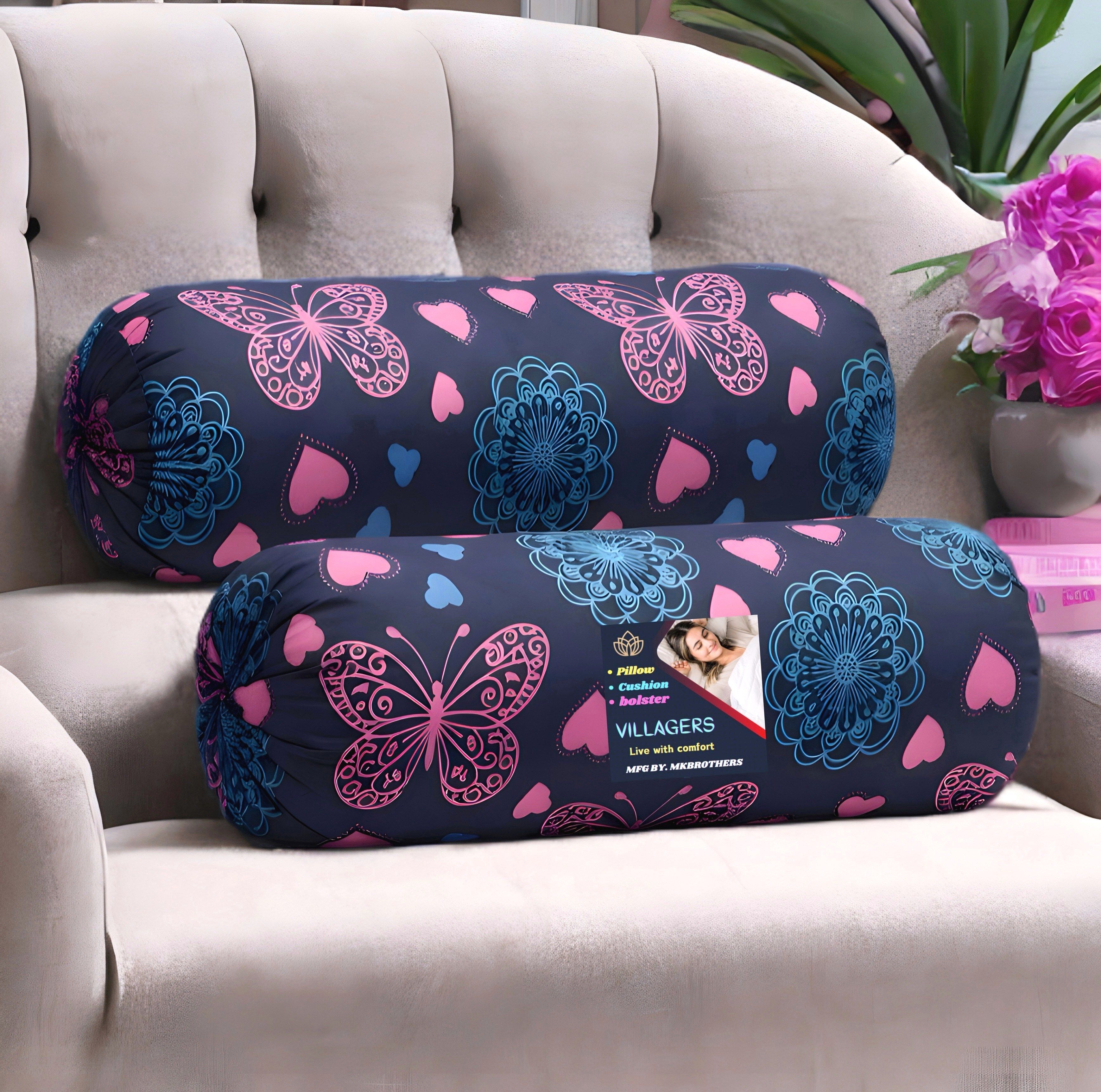 villagers Microfibre Bolster Pack of 2 Geometric Butterfly & Heart Print Design-picture-26