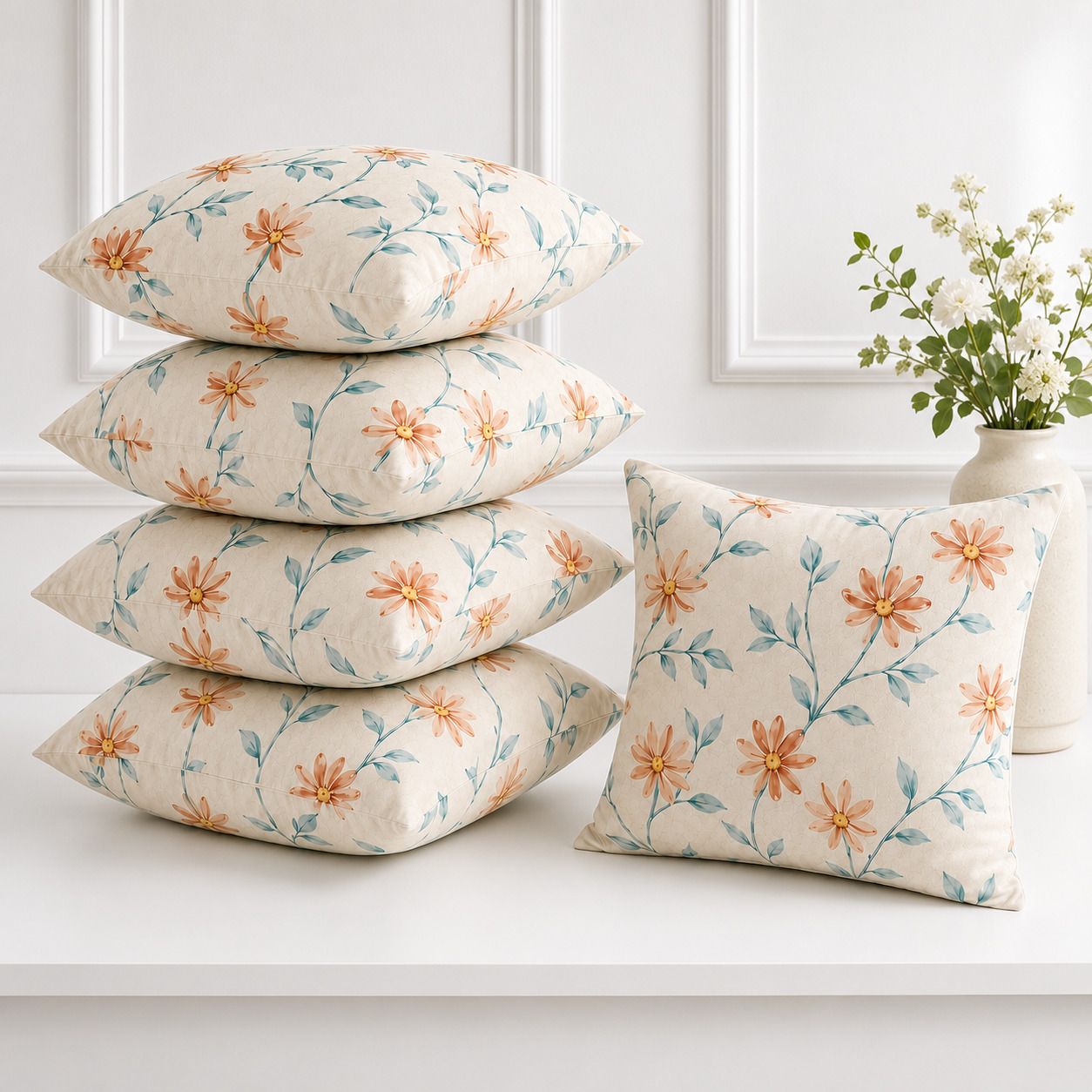 Microfibre Cushion Pack of 5 Floral Premium Cushion Set | (16x16 inch)-image-15