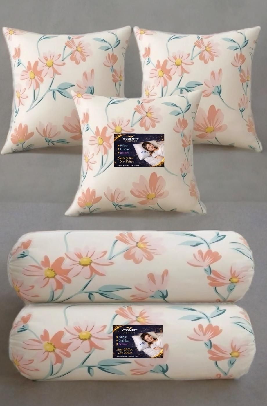 Microfibre Bolster Pack of 5 Printed Floral 3 Cushion and 2 Bolster-image-45