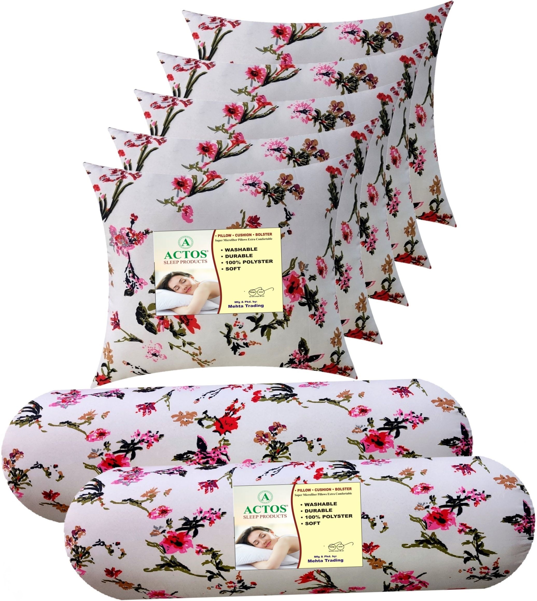actos Combo Set Of 5 Cushion And 2 Microfibre Floral Bolster Pack of 7-picture-27