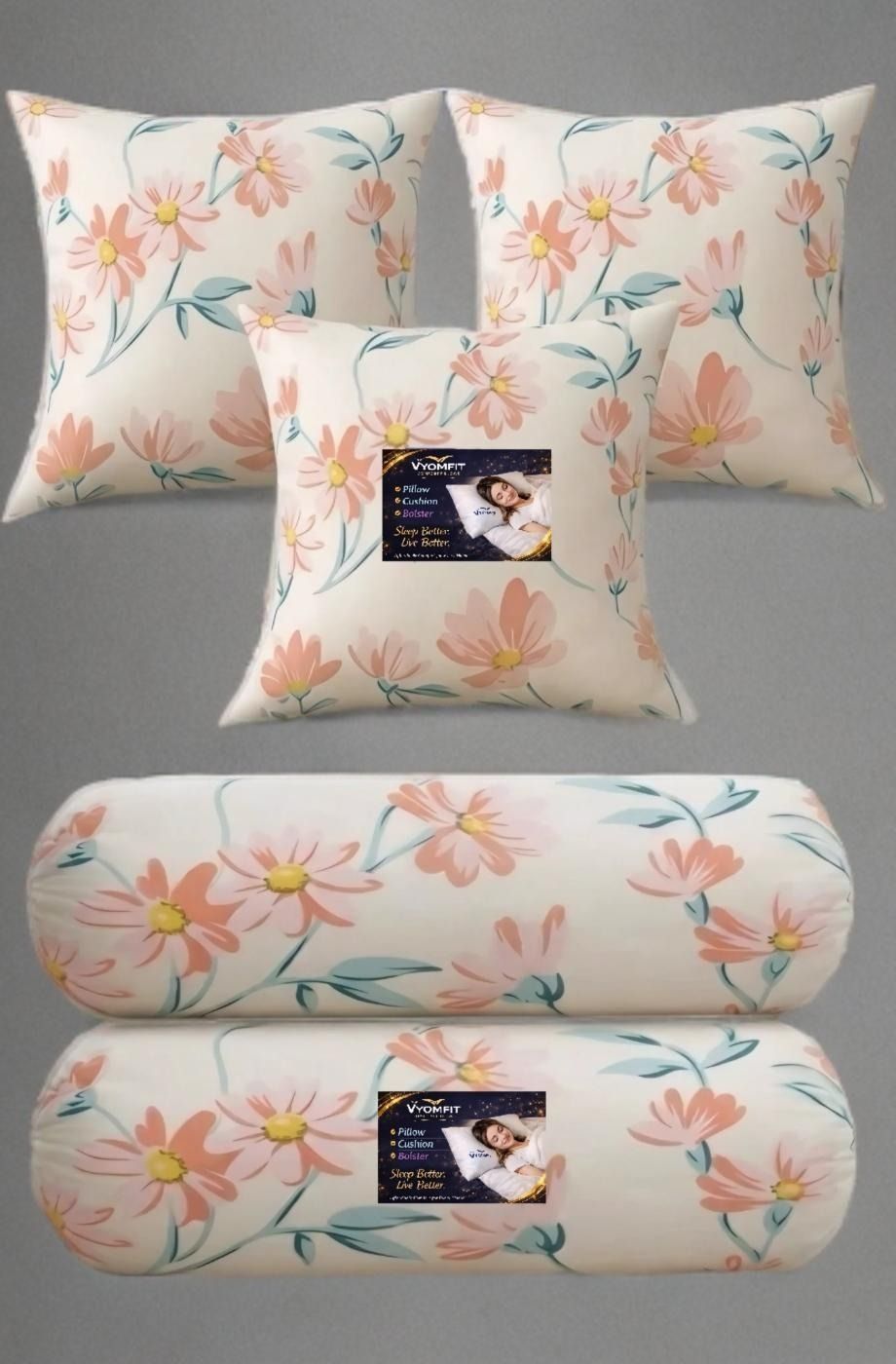 Microfibre Bolster Pack of 5 Printed Floral 3 Cushion and 2 Bolster-image-15