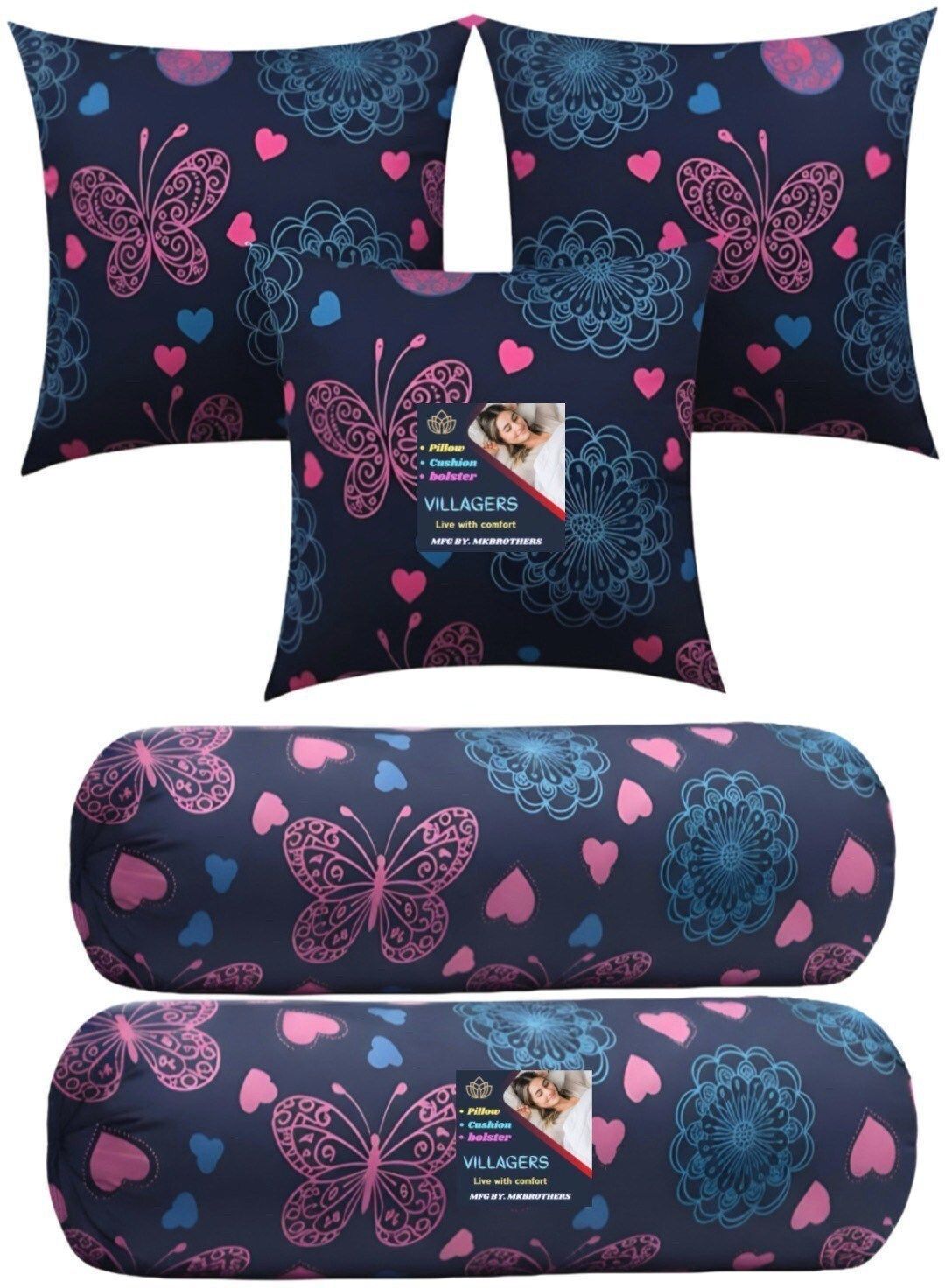 Microfibre Bolster Pack of 5 Geometric 3 Cushion & 2 Bolster Set - Butterfly Print-image-20