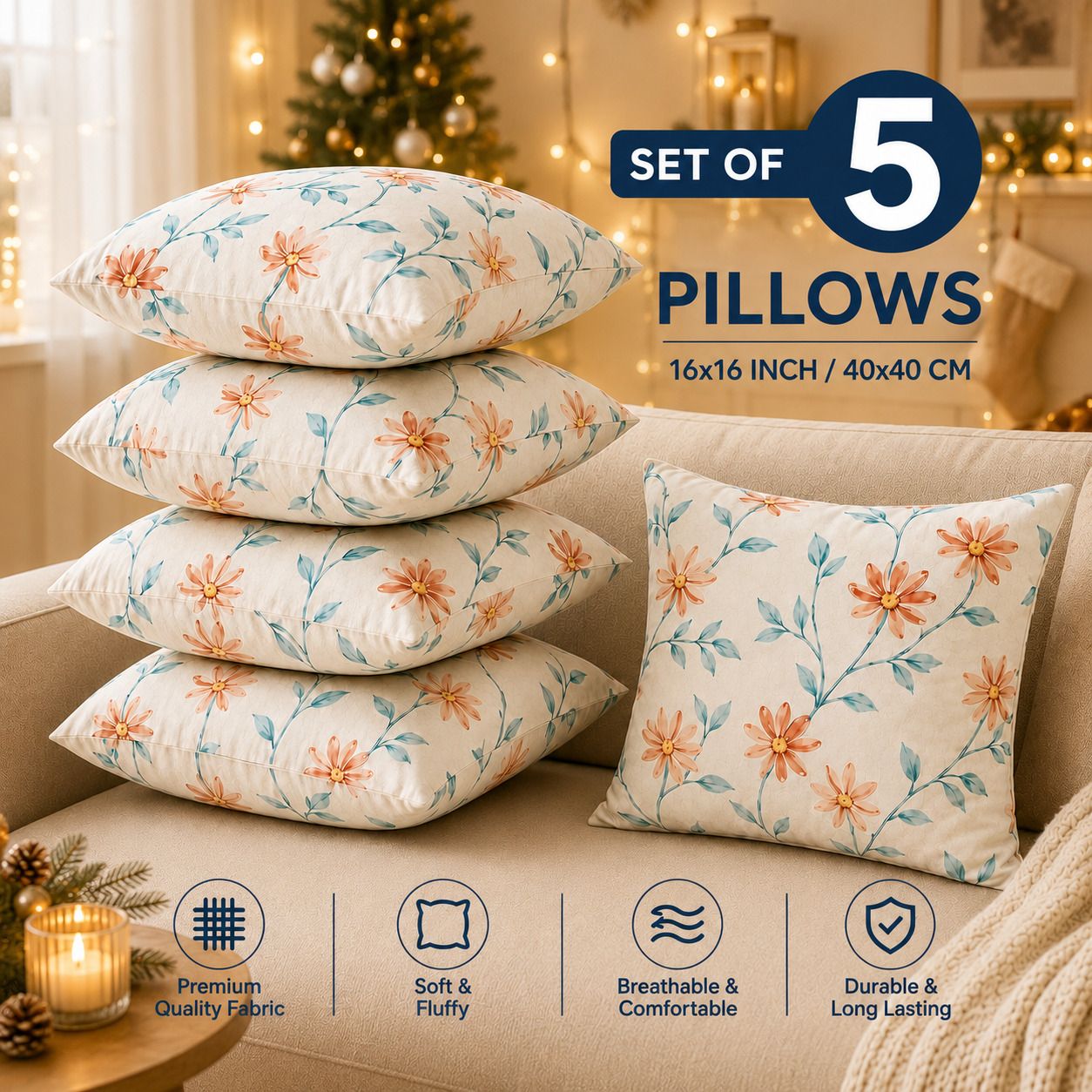 Microfibre Cushion Pack of 5 Floral Premium Cushion Set | (16x16 inch)-image-28