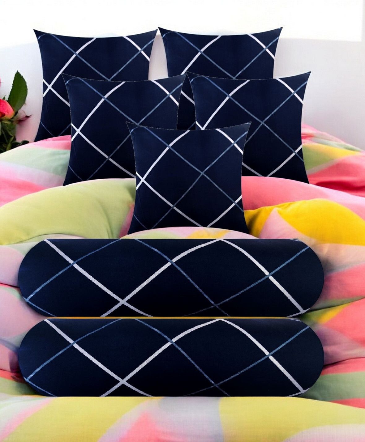 5 Cushion 2 Bolster Microfibre Stripes Bolster Pack of 7