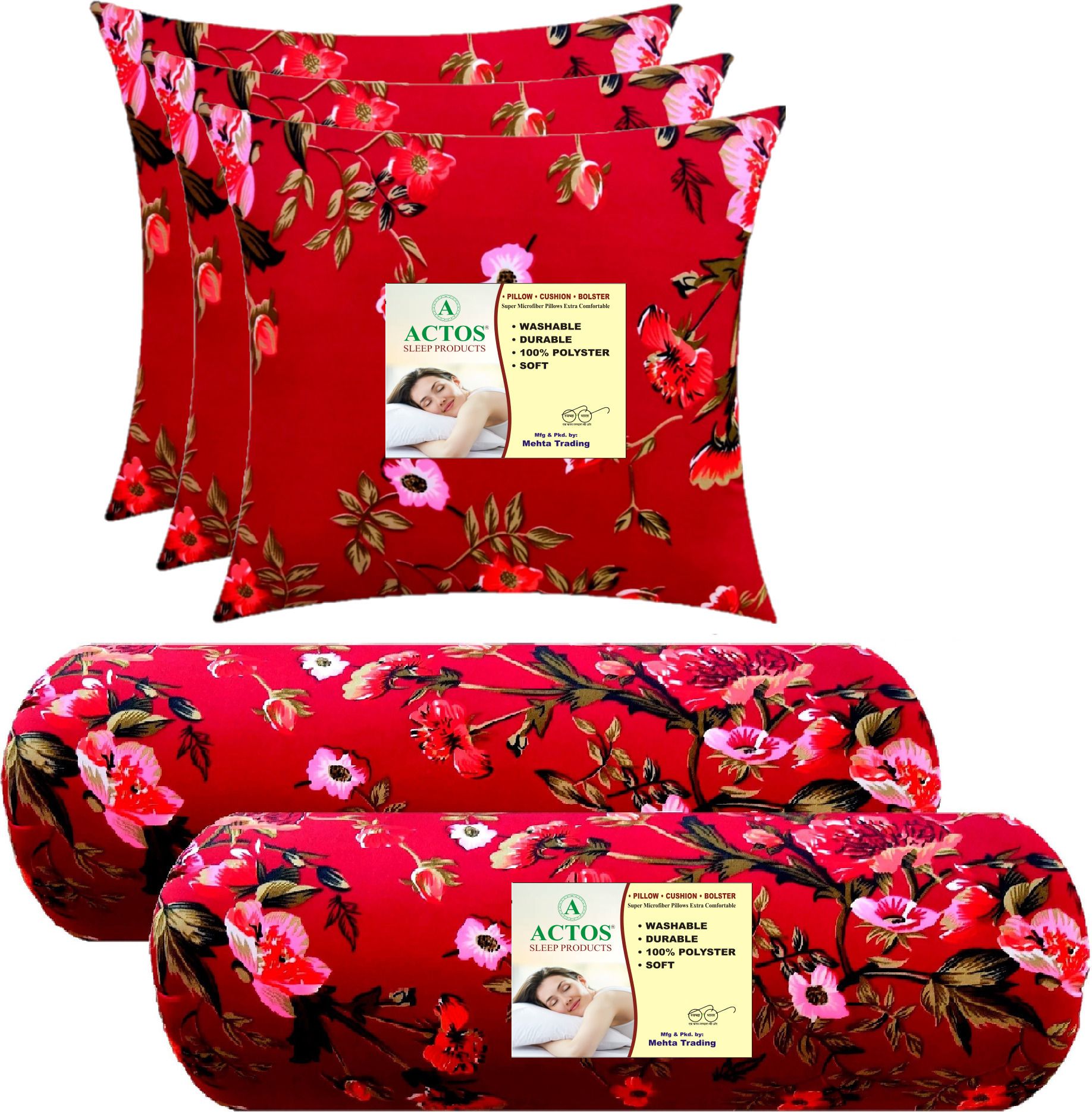 Combo Set Of 3 Cushion And 2 Microfibre Floral Bolster Pack of 5