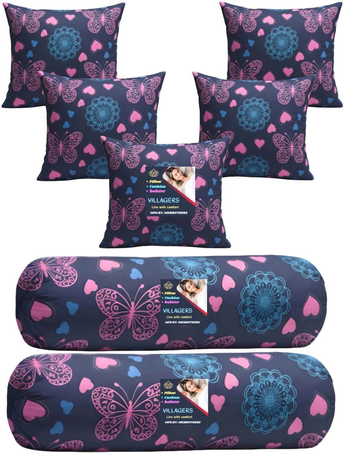 Microfibre Bolster Pack of 7 Geometric 5 Cushion & 2 Bolster Set - Butterfly Print