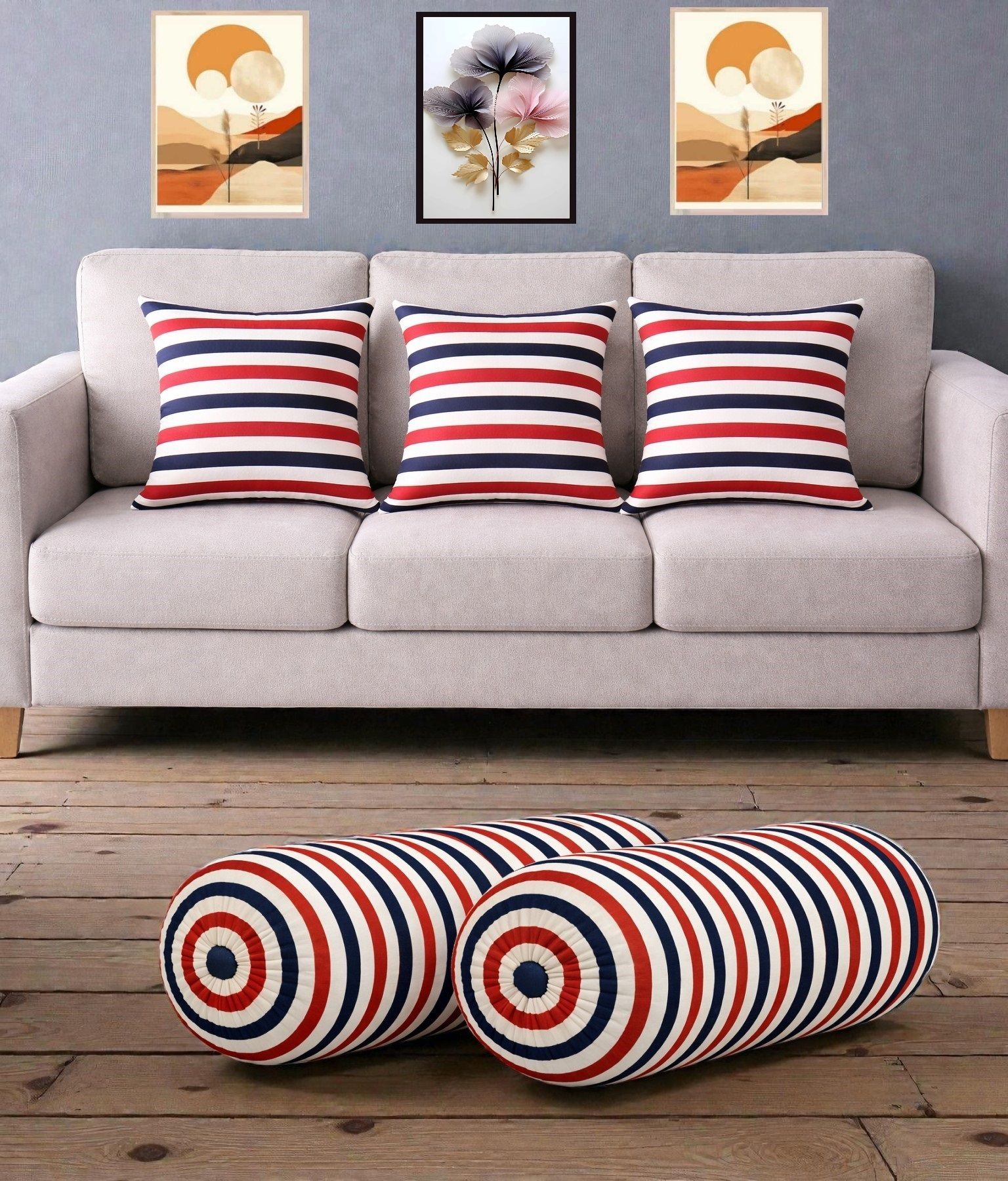 swikon star Microfibre Bolster Pack of 5 Stripes Combo Set Of 3 Cushion And 2 Bolster-picture-28