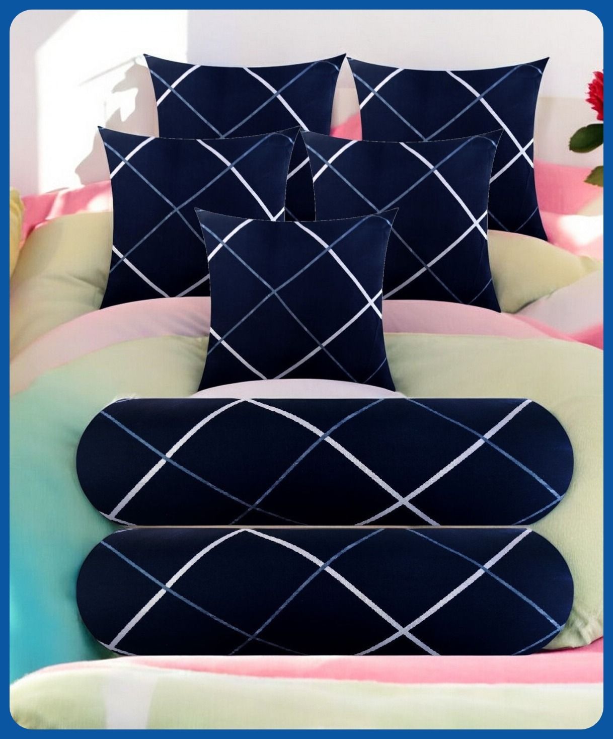 urmila creation 5 Cushion 2 Bolster Microfibre Stripes Bolster Pack of 7-picture-18