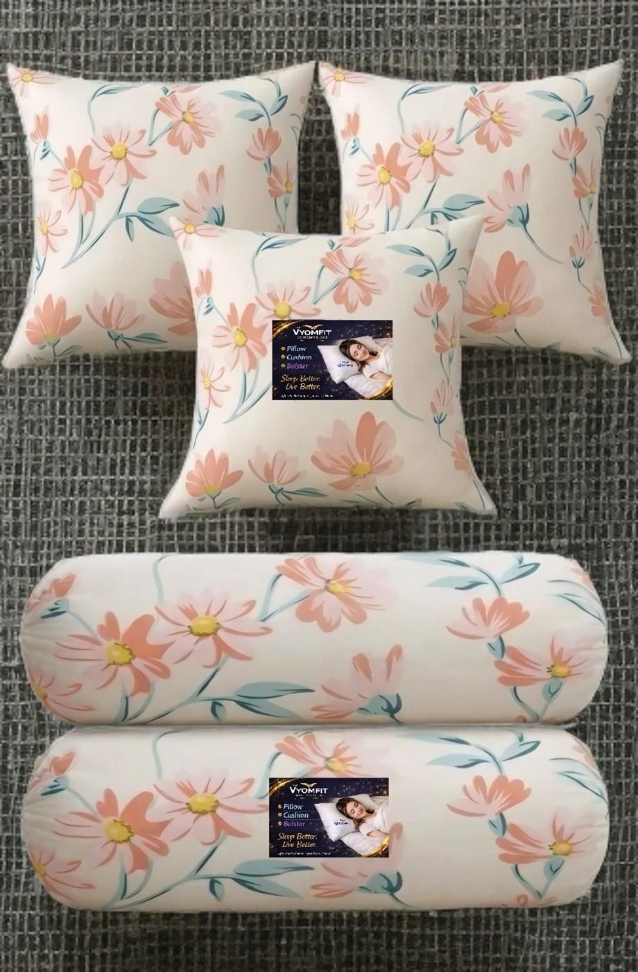 Microfibre Bolster Pack of 5 Printed Floral 3 Cushion and 2 Bolster-image-21