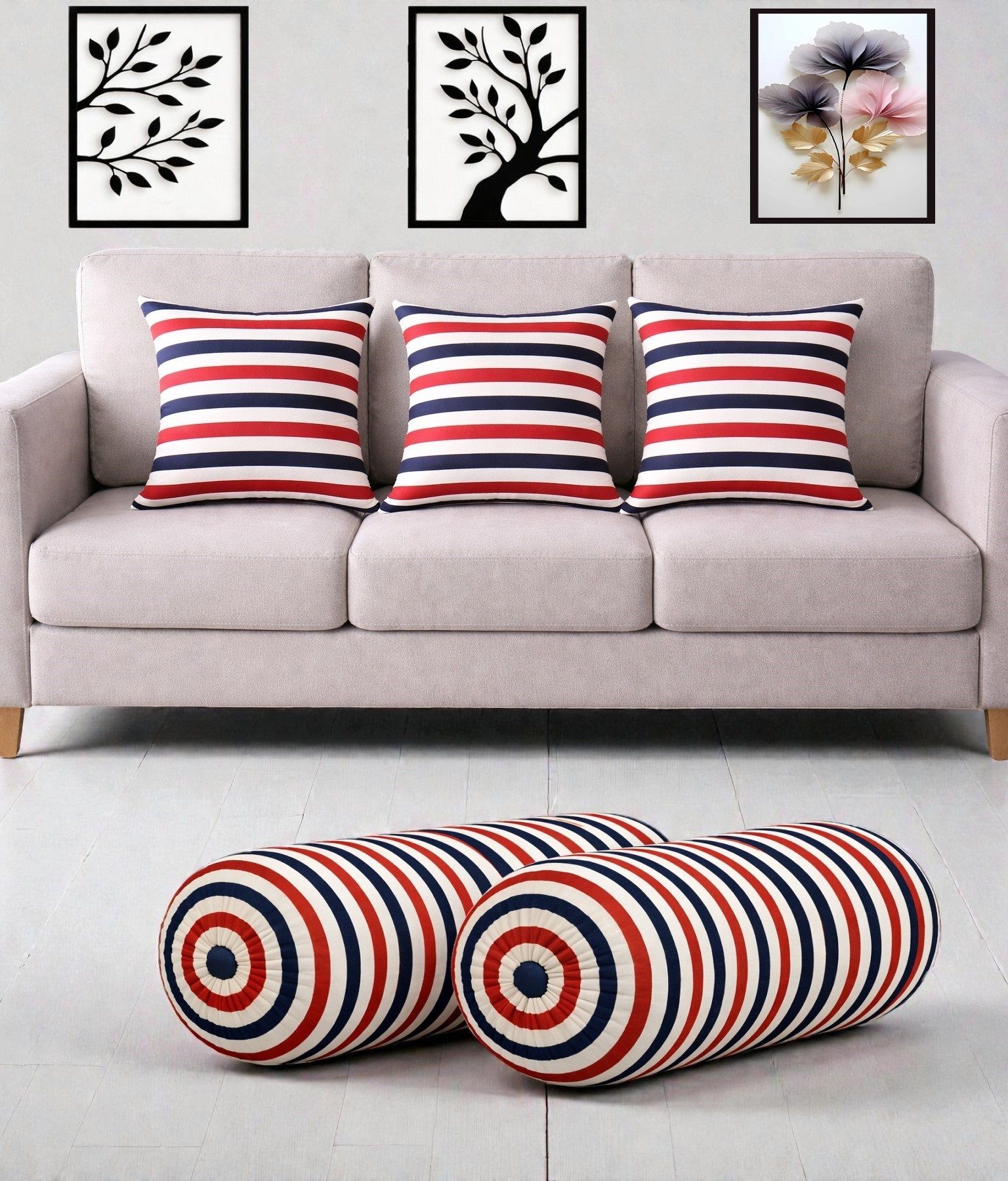 swikon star Microfibre Bolster Pack of 5 Stripes Combo Set Of 3 Cushion And 2 Bolster-picture-38