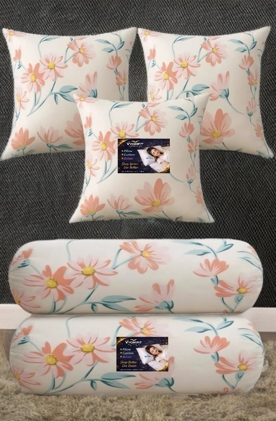 Microfibre Bolster Pack of 5 Printed Floral 3 Cushion and 2 Bolster-image-46