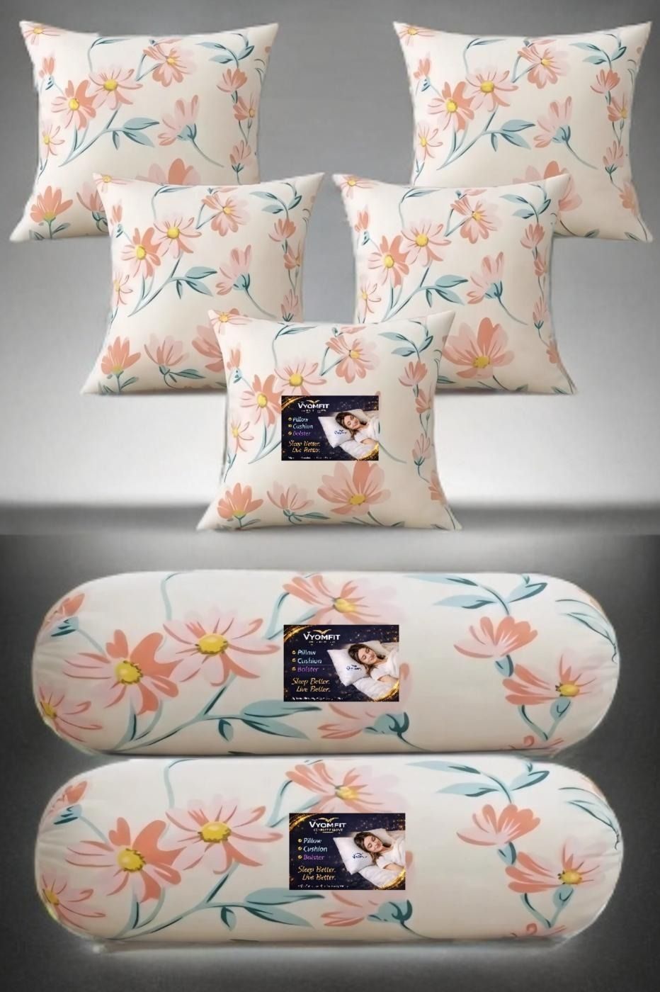 Microfibre Bolster Pack of 7 Printed Floral 5 Cushion and 2 Bolster-image-16