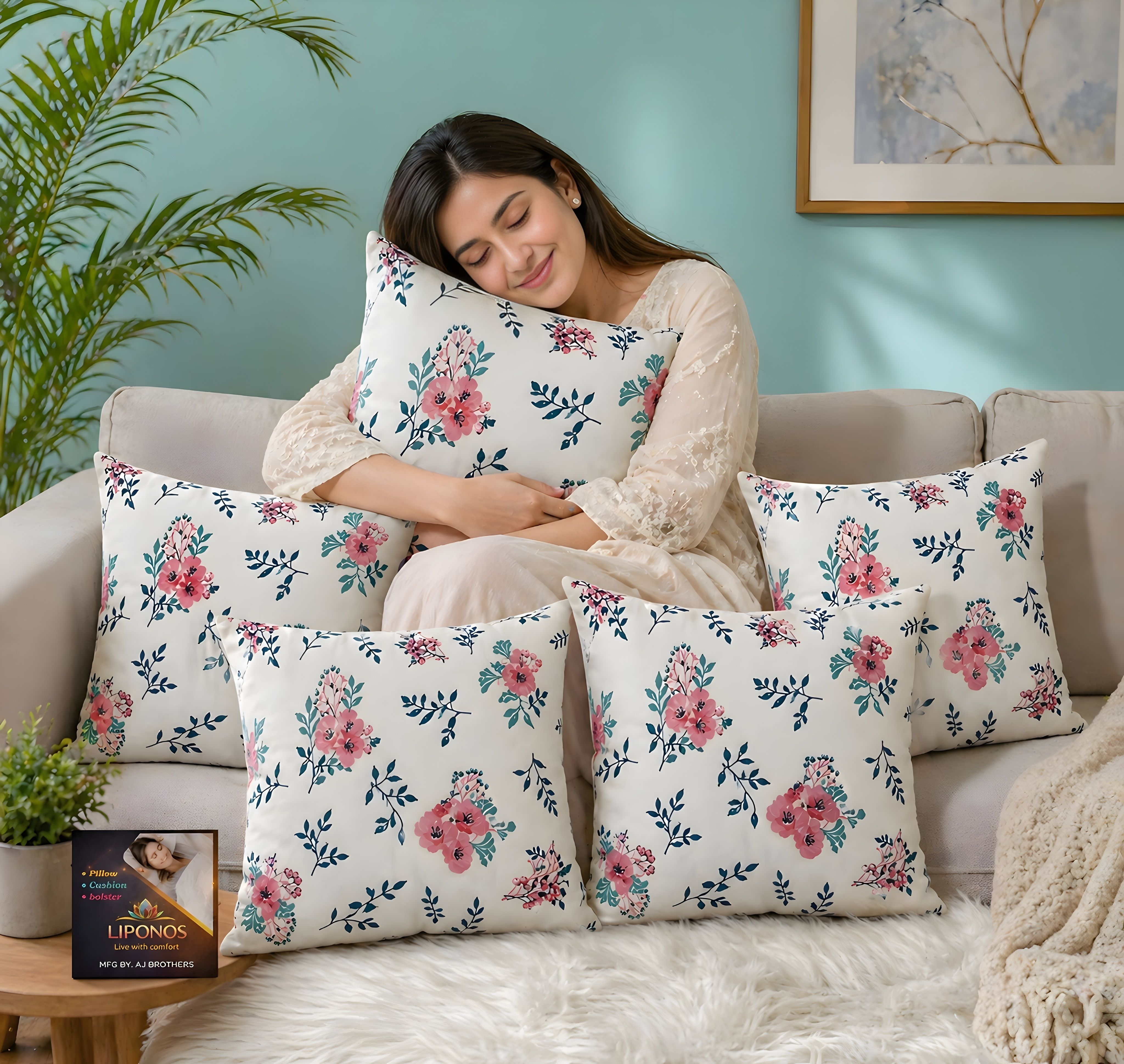 liponos Microfibre Cushion Pack of 5 Floral Premium Cushion Set (16x16 inch)-picture-19