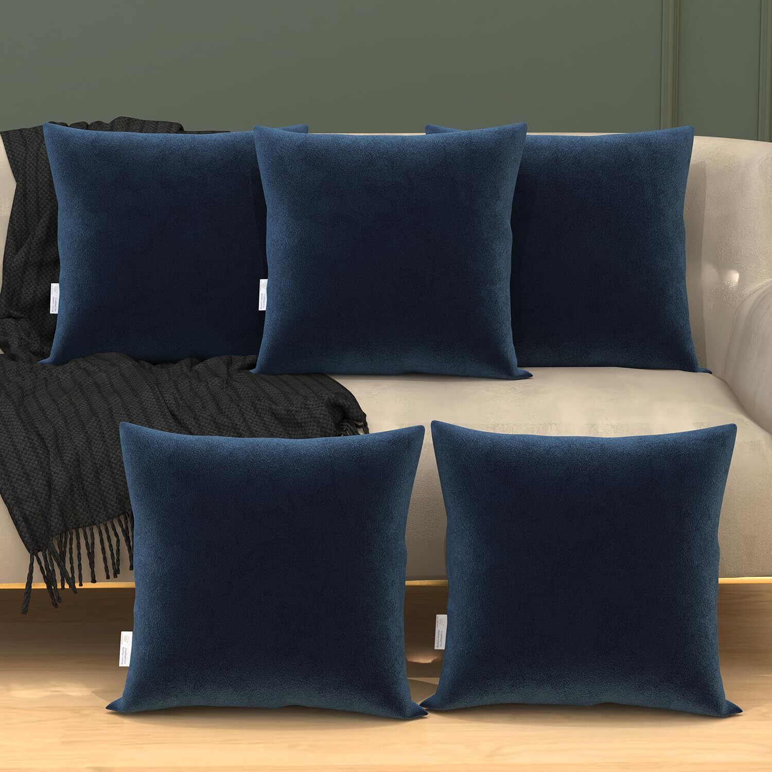 Square Pillow Cushions for Sofa, Bed (16"x16") with Navy Blue Velvet outer Cover Microfibre Solid Cushion Pack of 5-image-10