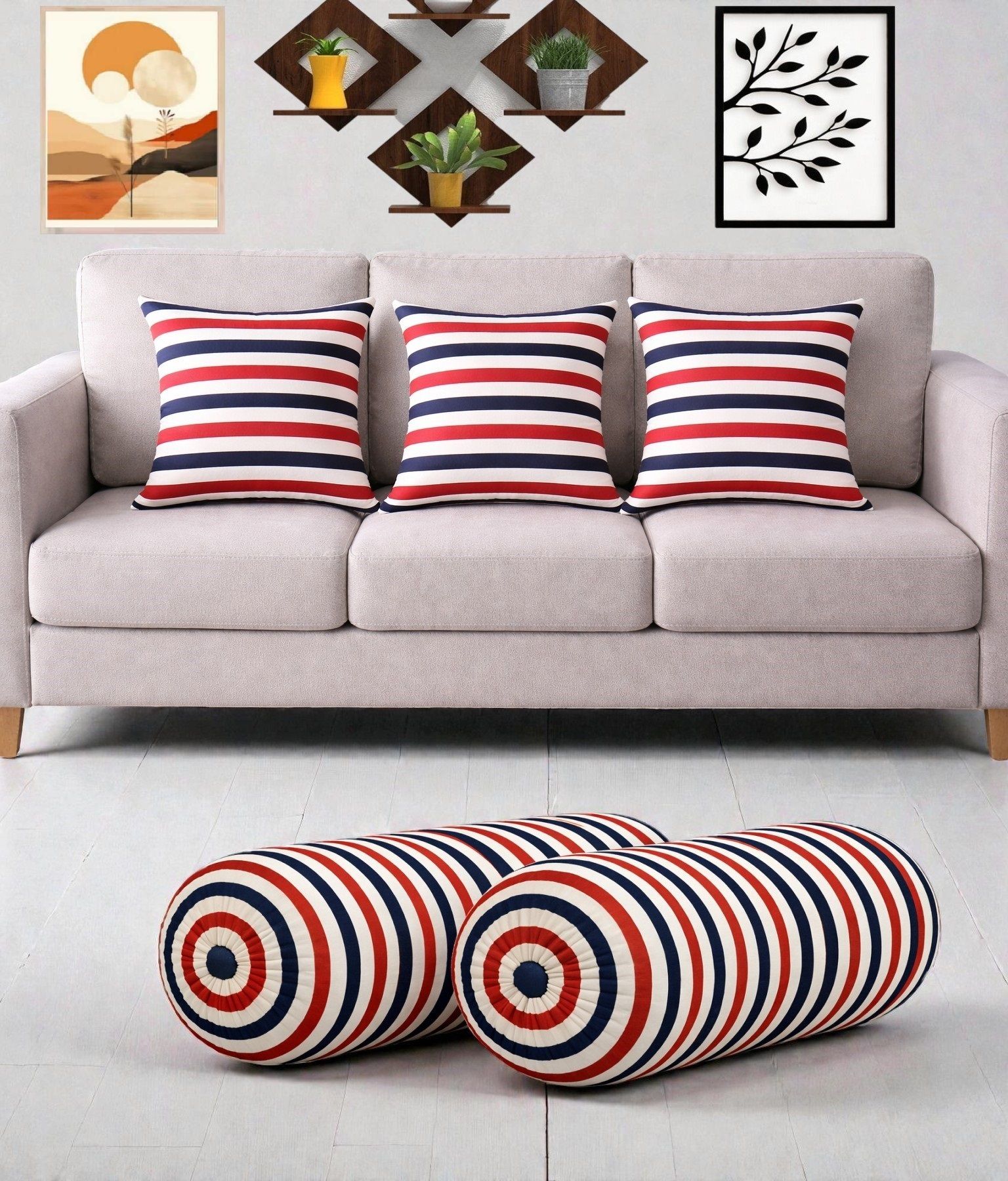 swikon star Microfibre Bolster Pack of 5 Stripes Combo Set Of 3 Cushion And 2 Bolster-picture-17