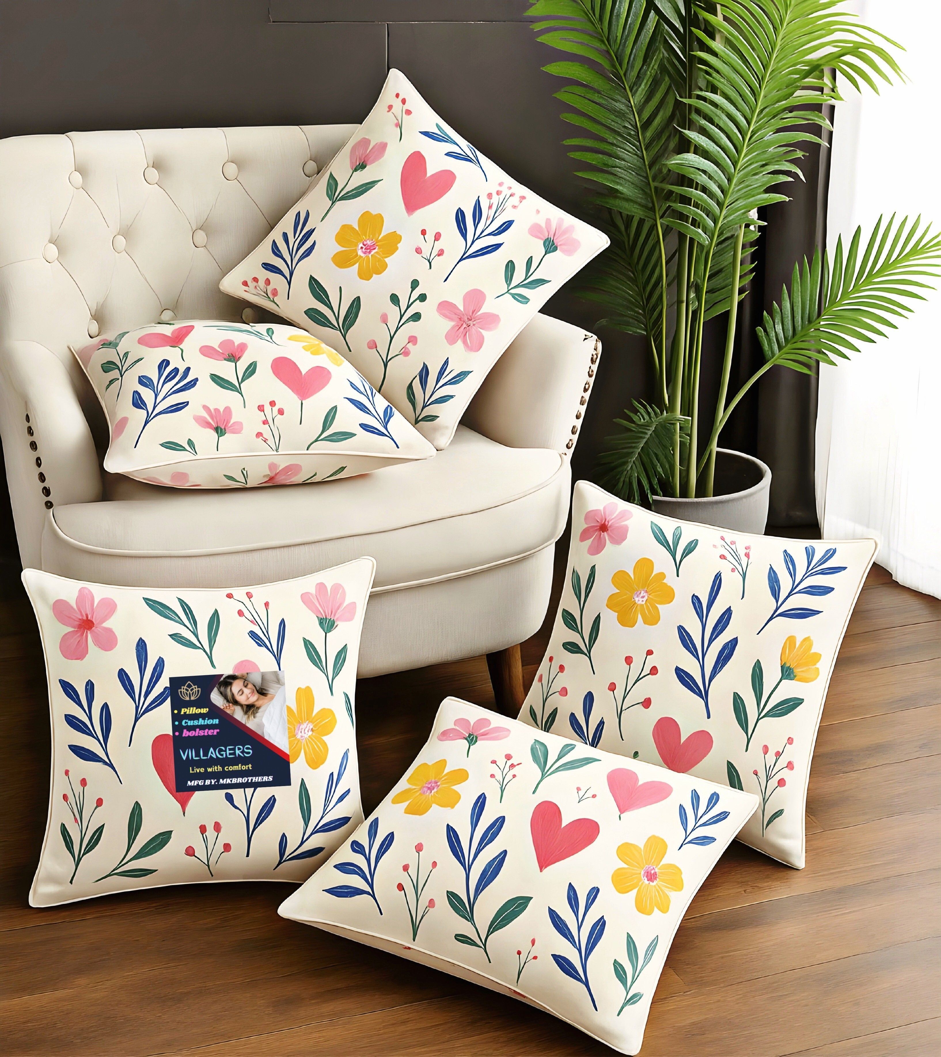 villagers Microfibre Cushion Pack of 5 Floral Premium Cushion Set | (16x16 inch)-picture-25