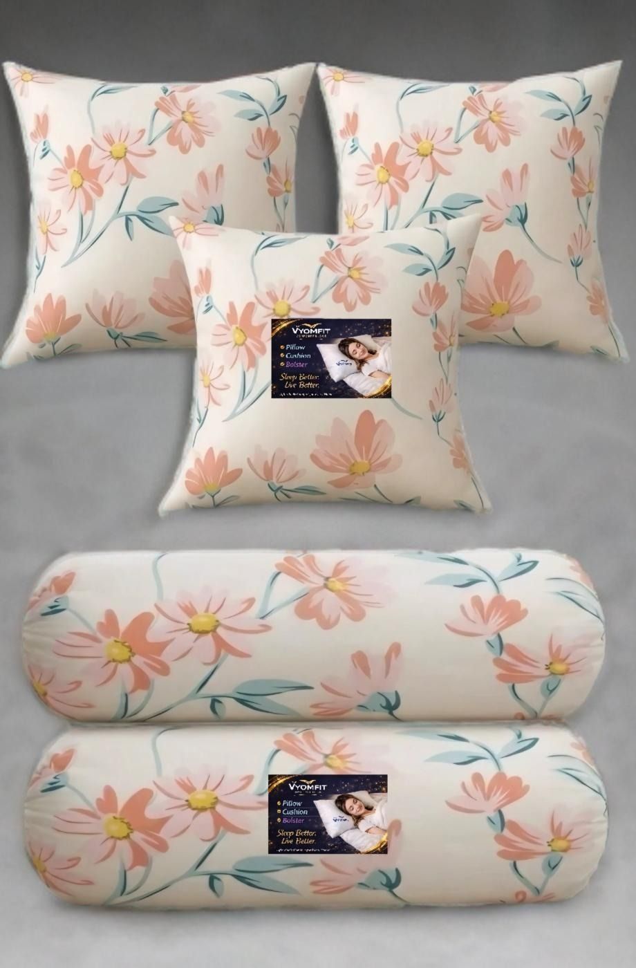 Microfibre Bolster Pack of 5 Printed Floral 3 Cushion and 2 Bolster-image-8