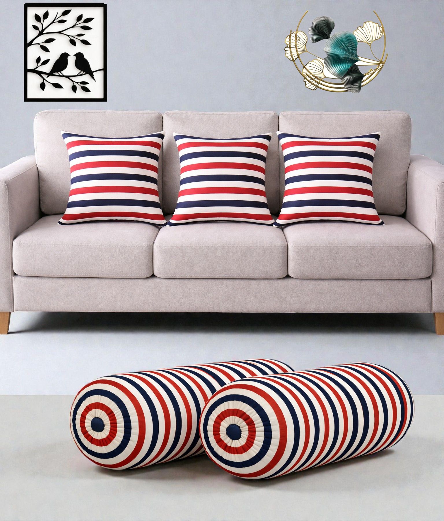 swikon star Microfibre Bolster Pack of 5 Stripes Combo Set Of 3 Cushion And 2 Bolster-picture-2