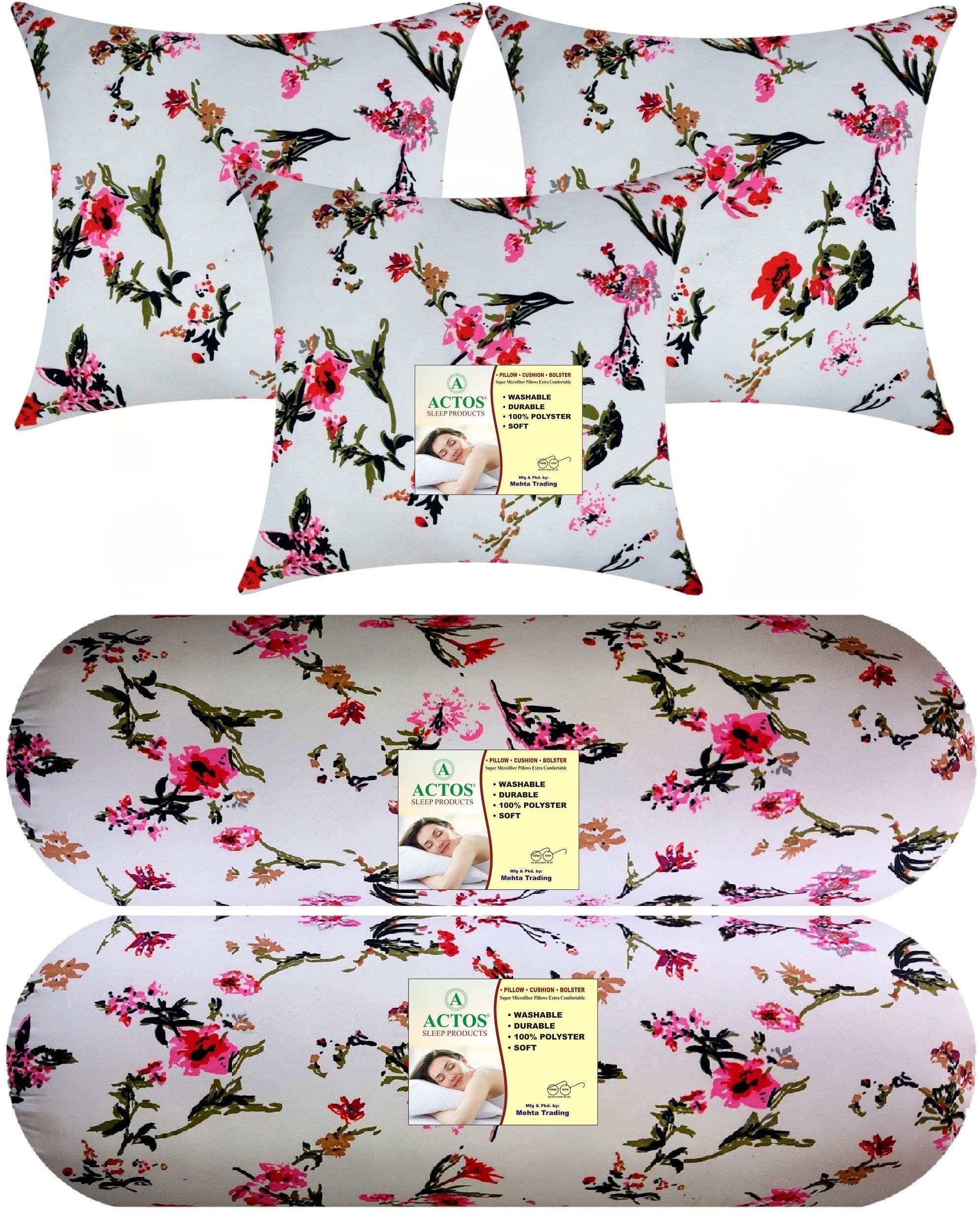 Combo Set Of 3 Cushion And 2 Microfibre Floral Bolster Pack of 5-image-43