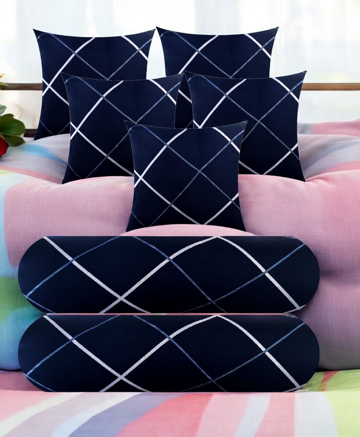 urmila creation 5 Cushion 2 Bolster Microfibre Stripes Bolster Pack of 7-picture-13