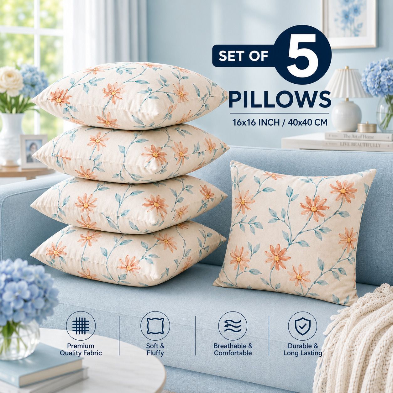 Microfibre Cushion Pack of 5 Floral Premium Cushion Set | (16x16 inch)-image-14