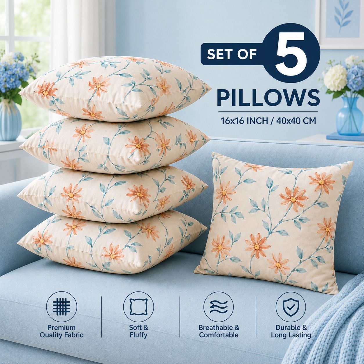 Microfibre Cushion Pack of 5 Floral Premium Cushion Set | (16x16 inch)-image-5