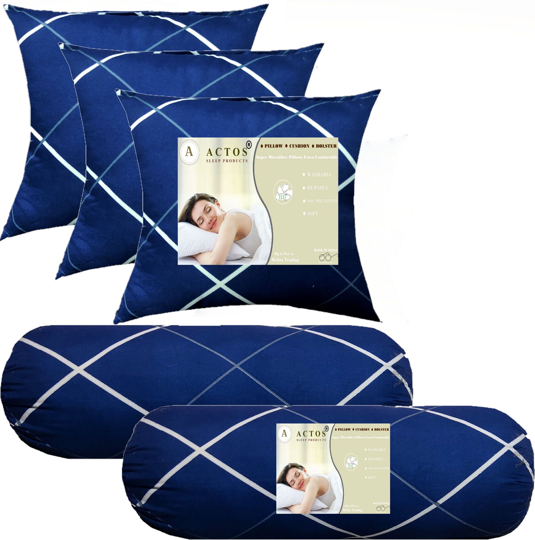 3 Cushion And 2 Microfibre Geometric Bolster Pack of 5