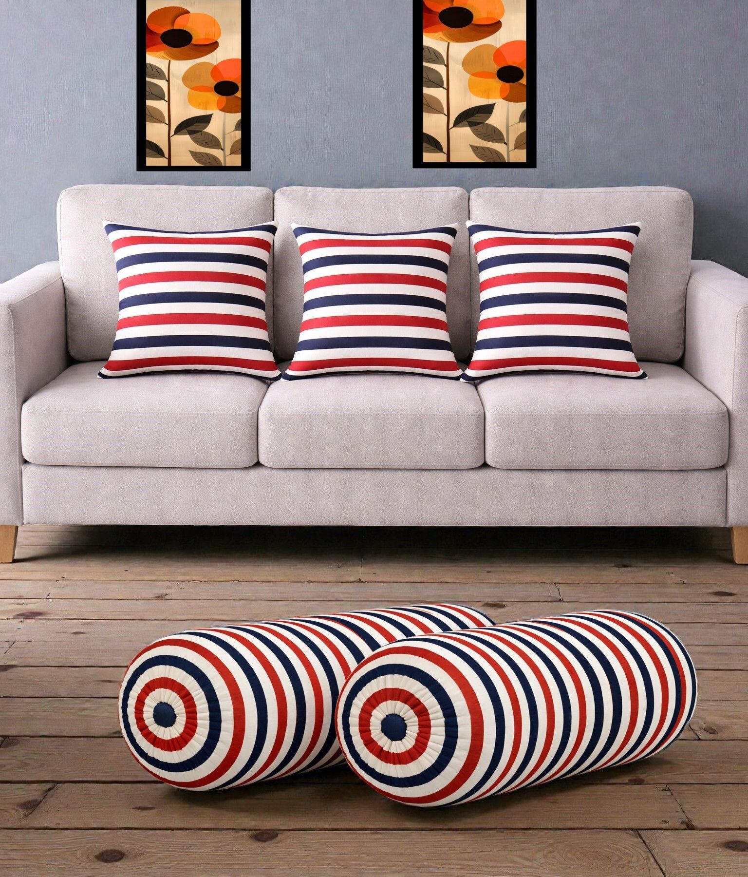 swikon star Microfibre Bolster Pack of 5 Stripes Combo Set Of 3 Cushion And 2 Bolster-picture-39