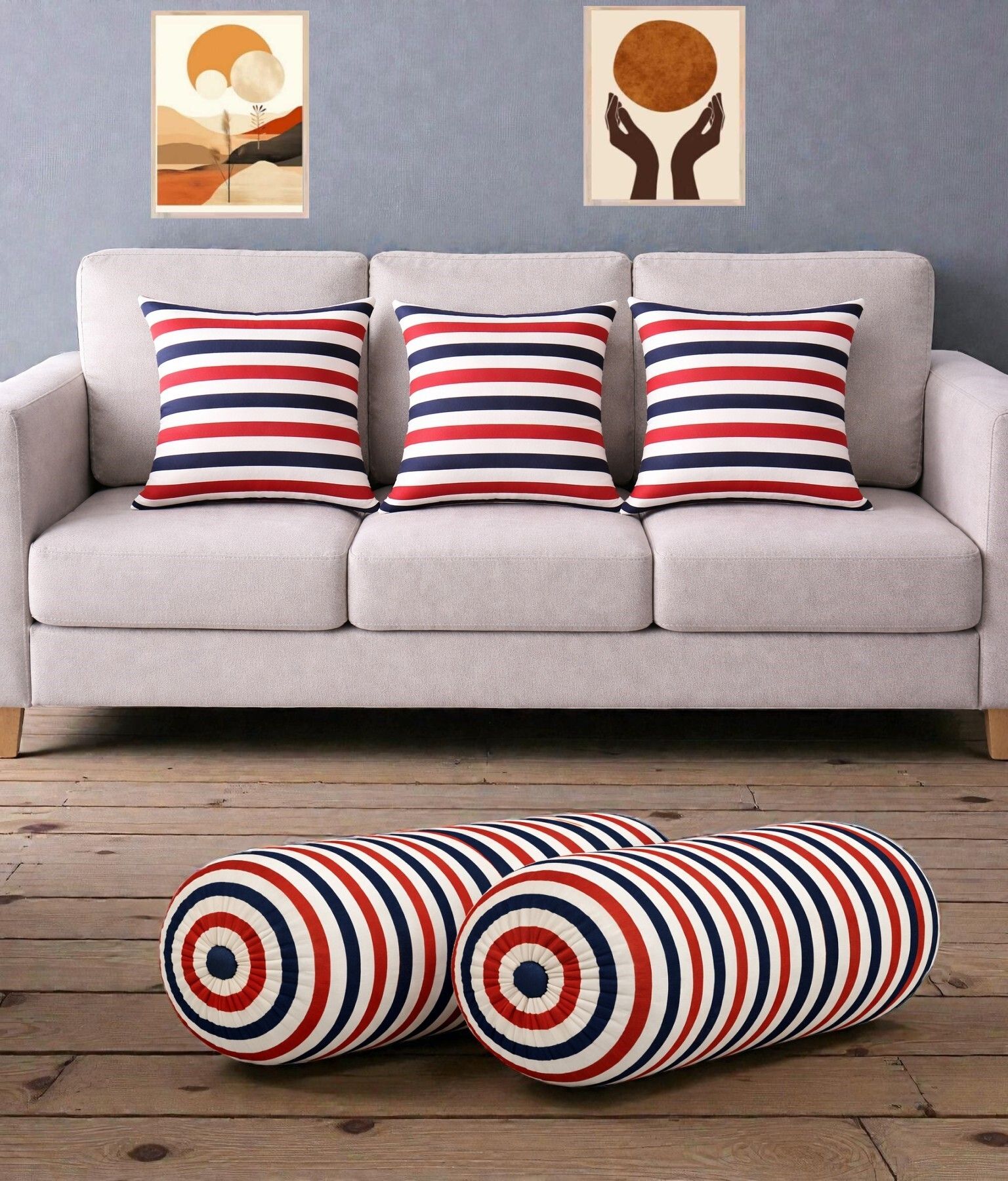 swikon star Microfibre Bolster Pack of 5 Stripes Combo Set Of 3 Cushion And 2 Bolster-picture-45