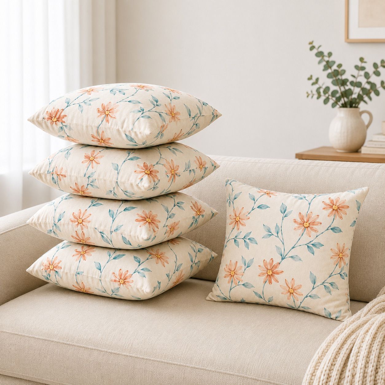 Microfibre Cushion Pack of 5 Floral Premium Cushion Set | (16x16 inch)-image-21