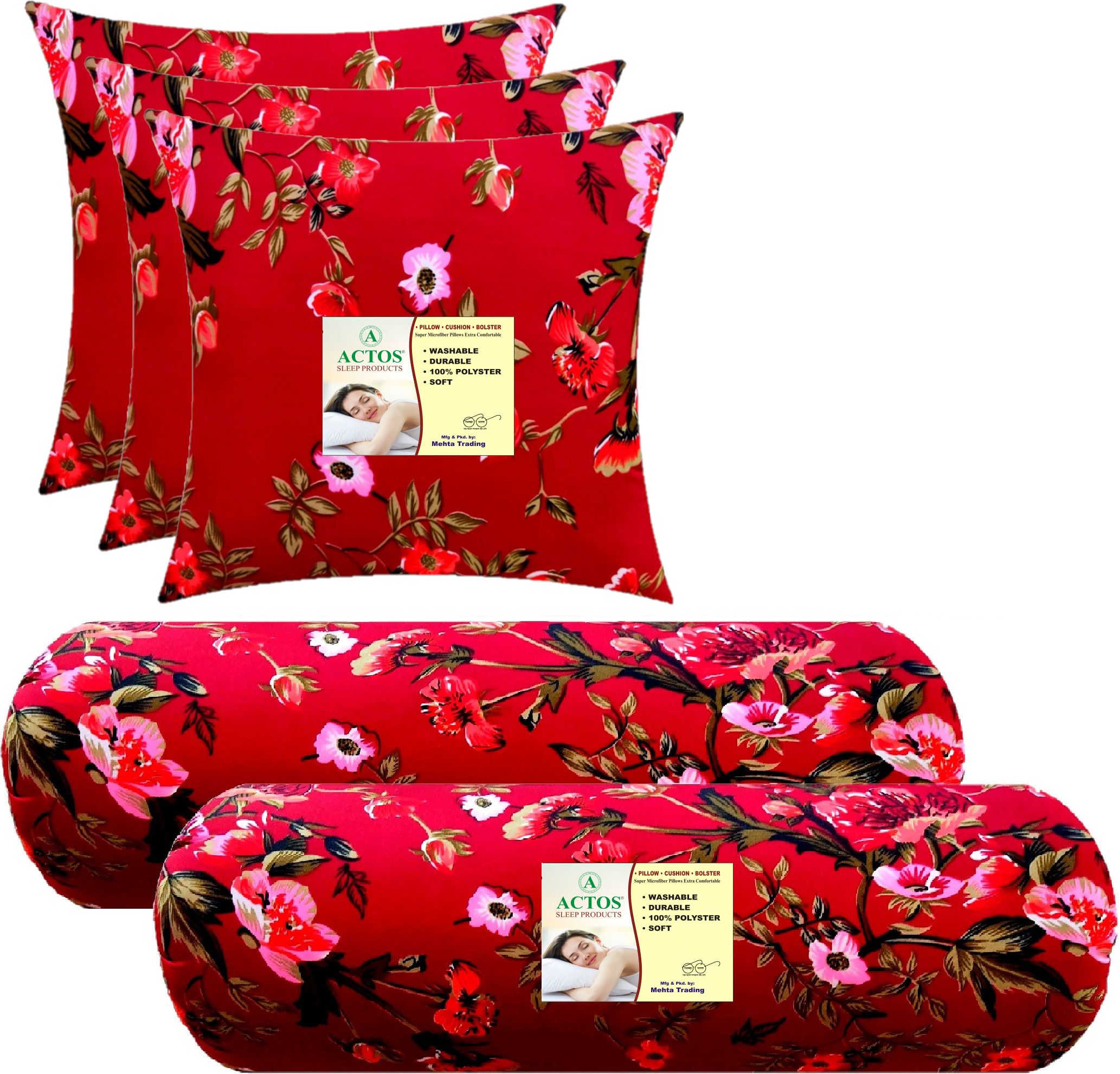 Combo Set Of 3 Cushion And 2 Microfibre Floral Bolster Pack of 5