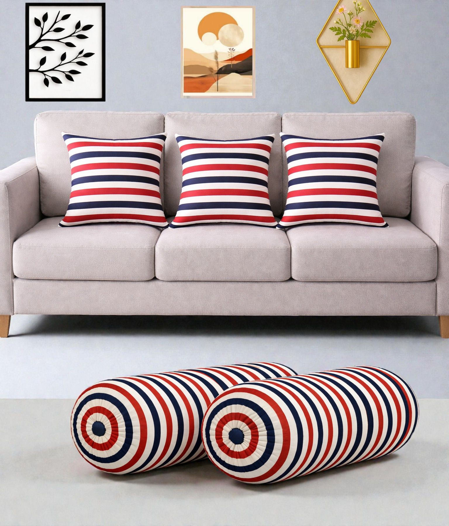 swikon star Microfibre Bolster Pack of 5 Stripes Combo Set Of 3 Cushion And 2 Bolster-picture-49