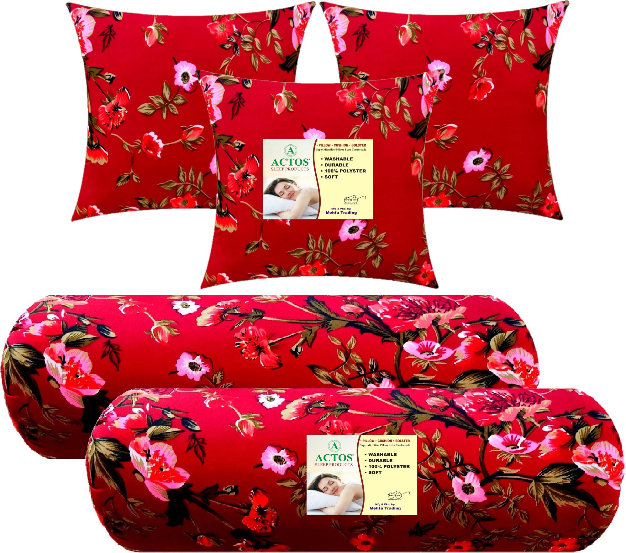 actos Combo Set Of 3 Cushion And 2 Microfibre Floral Bolster Pack of 5-picture-11