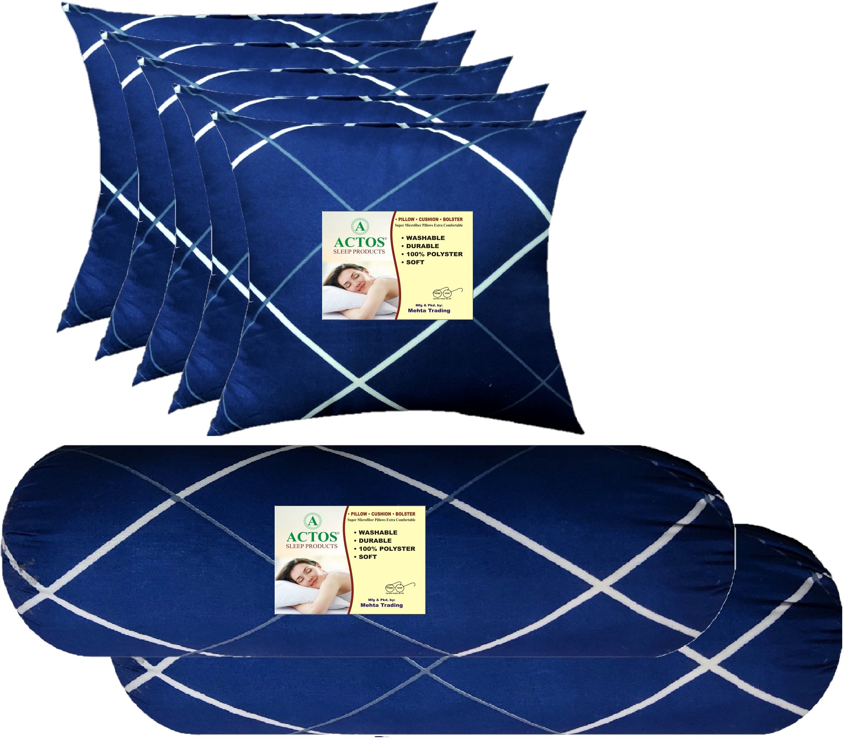 5 Cushion And 2 Microfibre Geometric Bolster Pack of 7