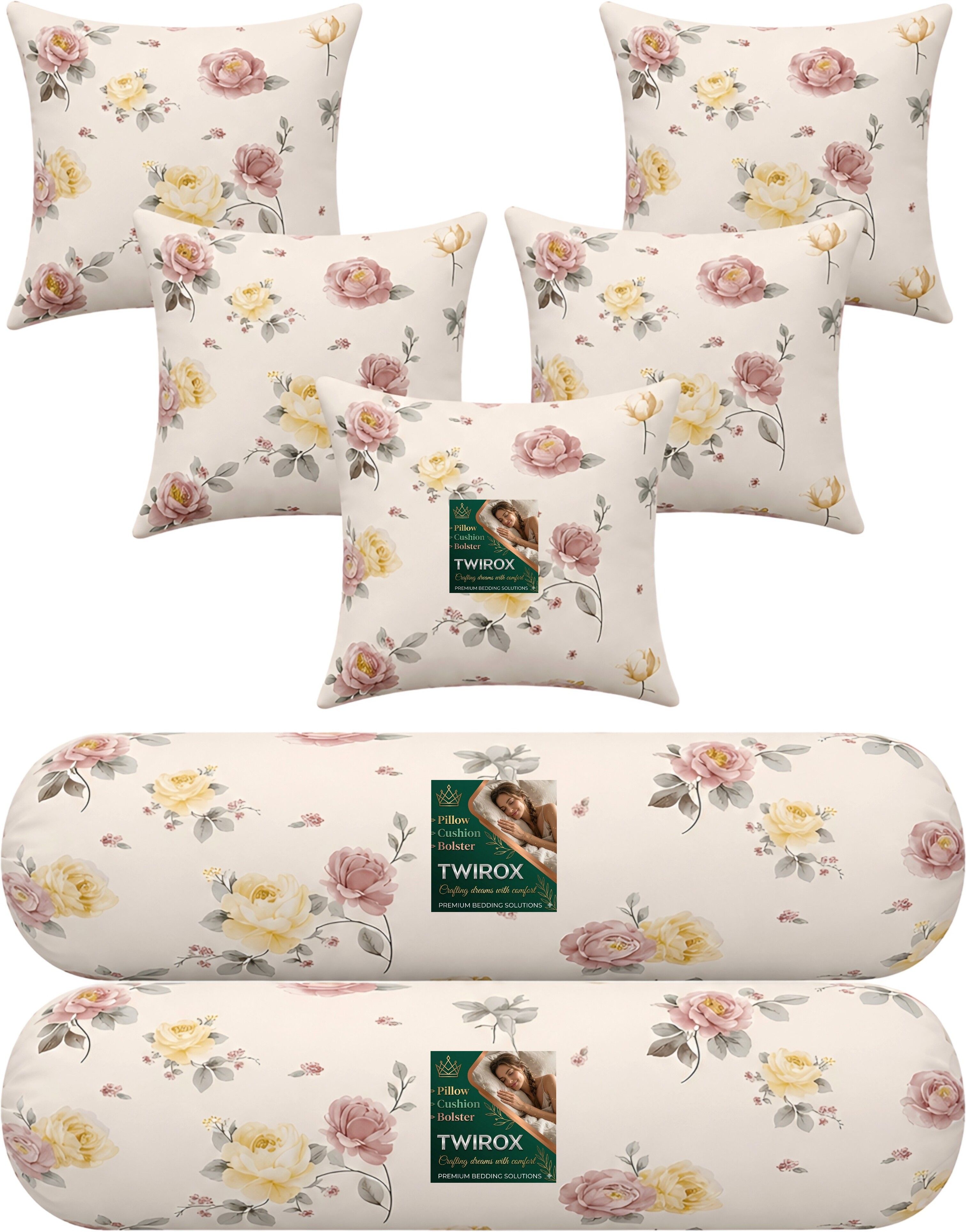 twirox Microfibre Bolster Pack of 7 Floral Premium Cushion, Bolster Set-picture-24