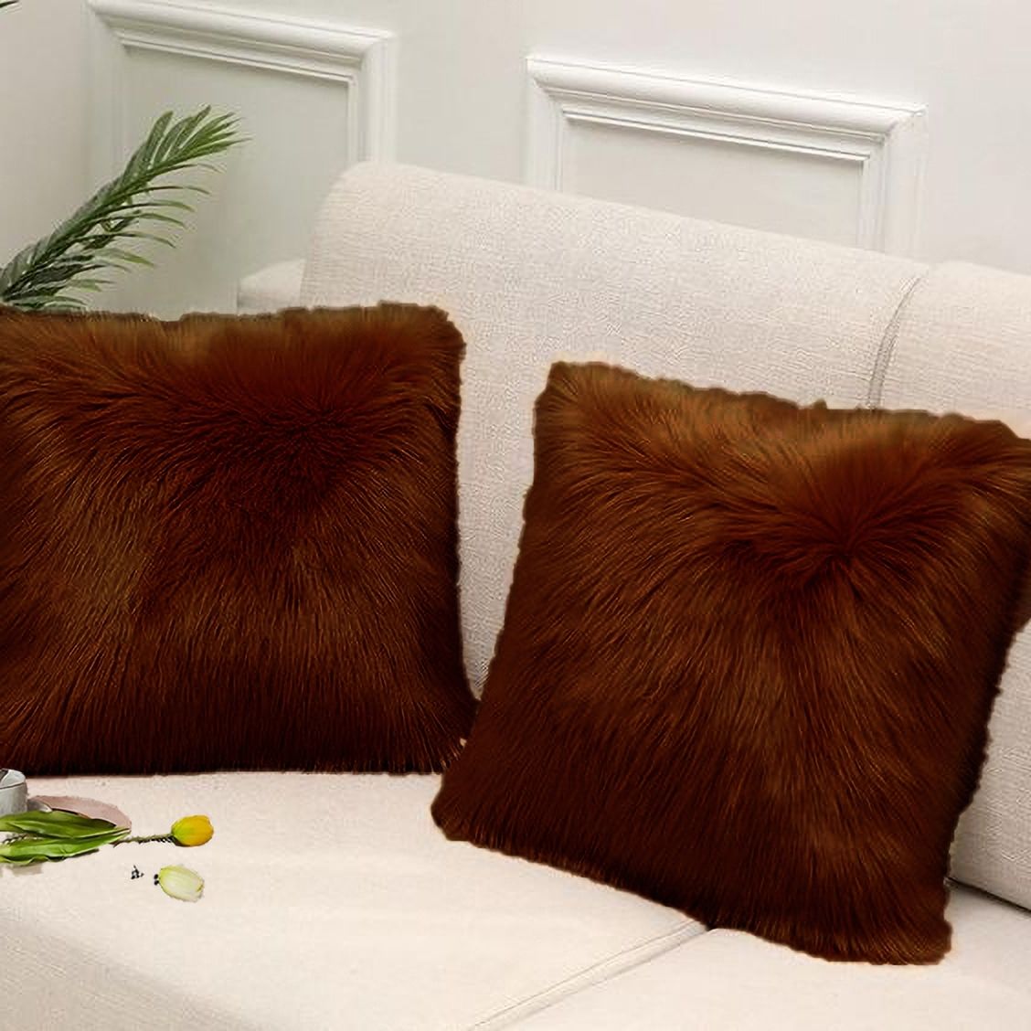 Square Shape Fur Pillow Microfibre Solid Cushion Pack of 2-image-46