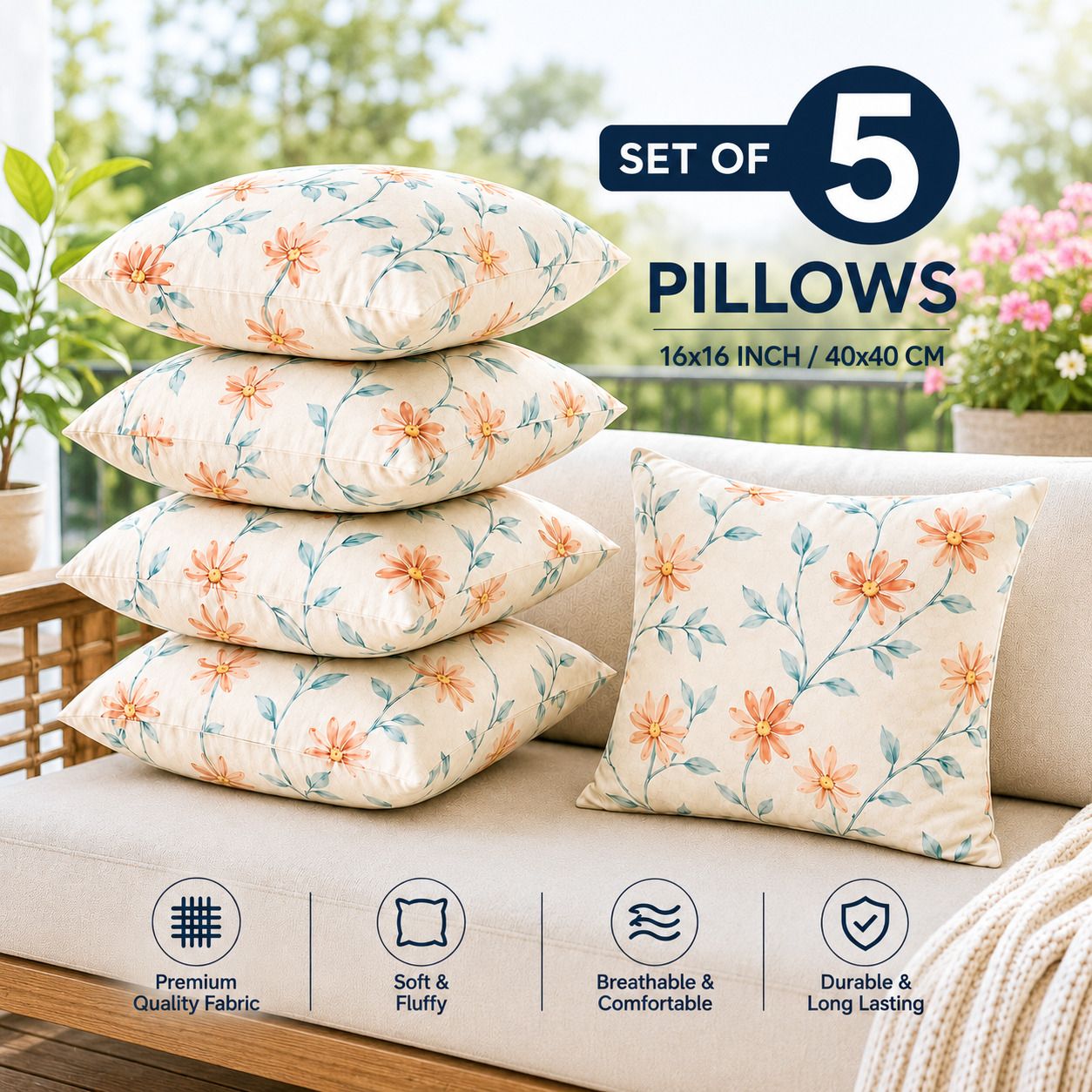 Microfibre Cushion Pack of 5 Floral Premium Cushion Set | (16x16 inch)-image-30