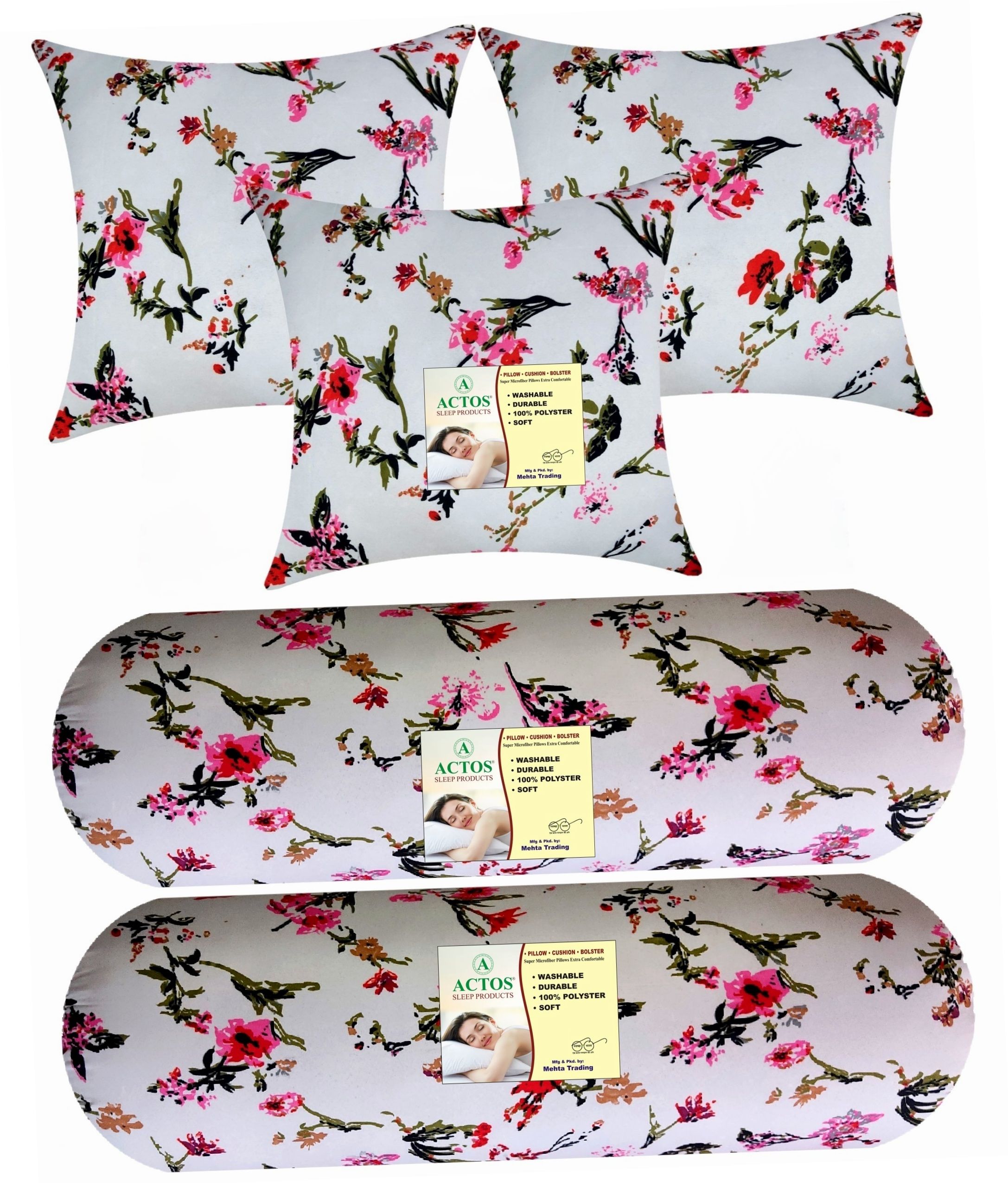Combo Set Of 3 Cushion And 2 Microfibre Floral Bolster Pack of 5