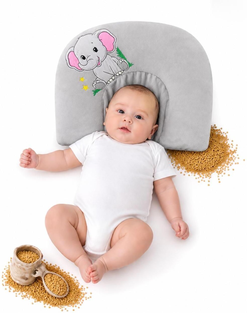 Mustard Seeds, Cotton Baby Pillow Pack of 1 Animals Musturd Seeds Baby Pillow Grey Soft Cute Elephant (0 to 12)Months-image-5
