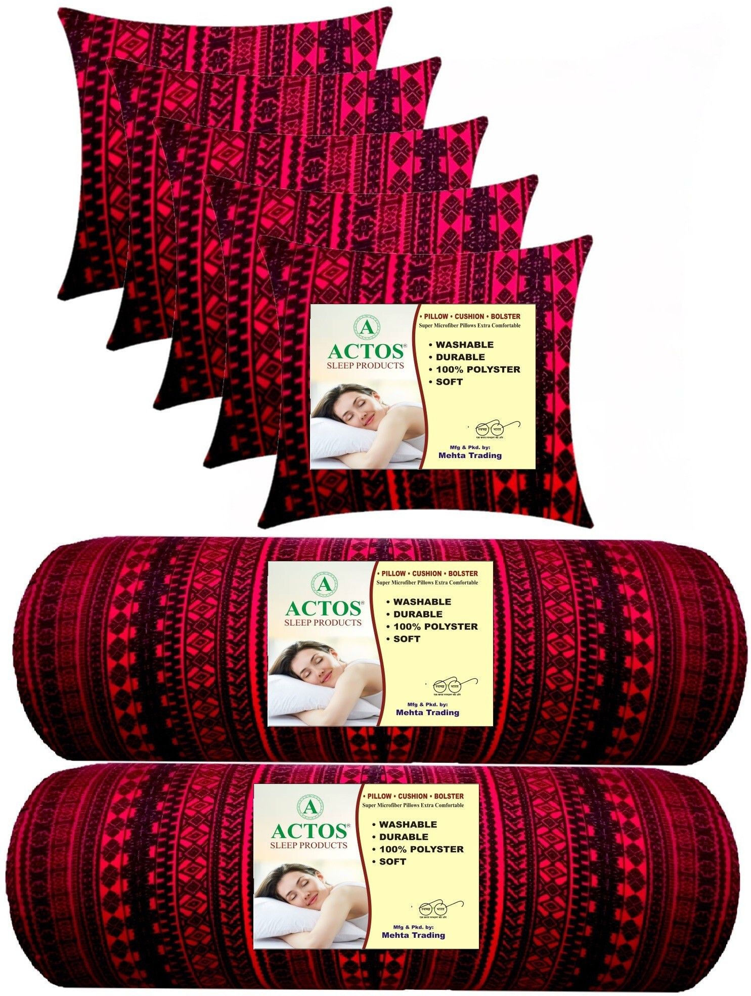 5 Cushion and 2 Microfibre Geometric Bolster Pack of 7