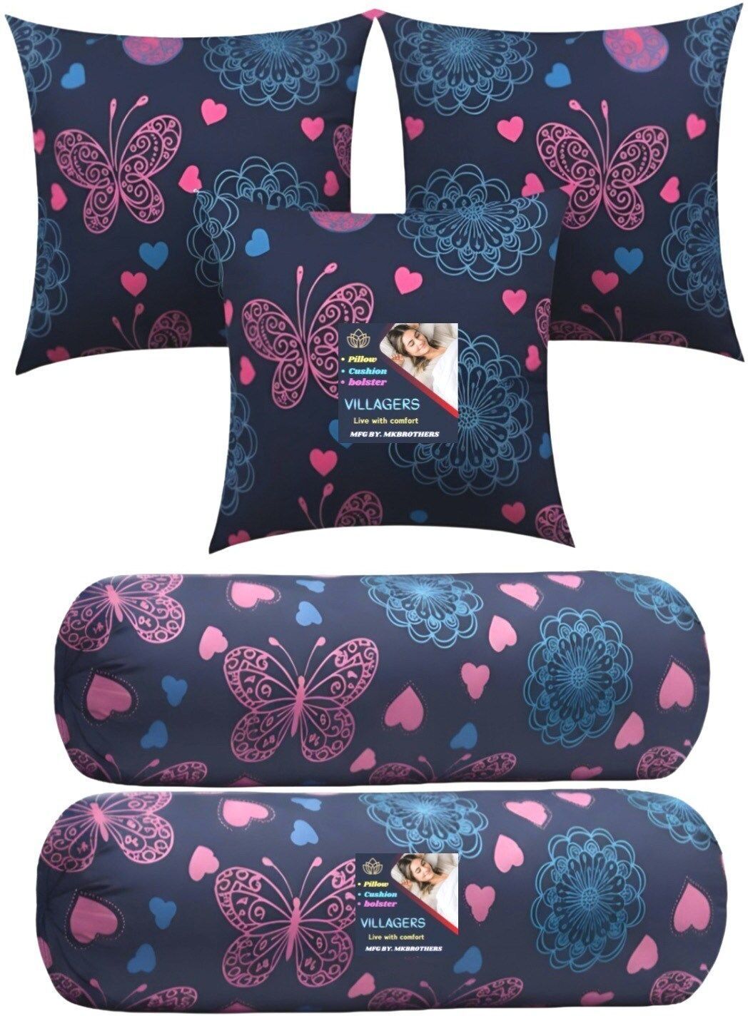 Microfibre Bolster Pack of 5 Geometric 3 Cushion & 2 Bolster Set - Butterfly Print-image-15