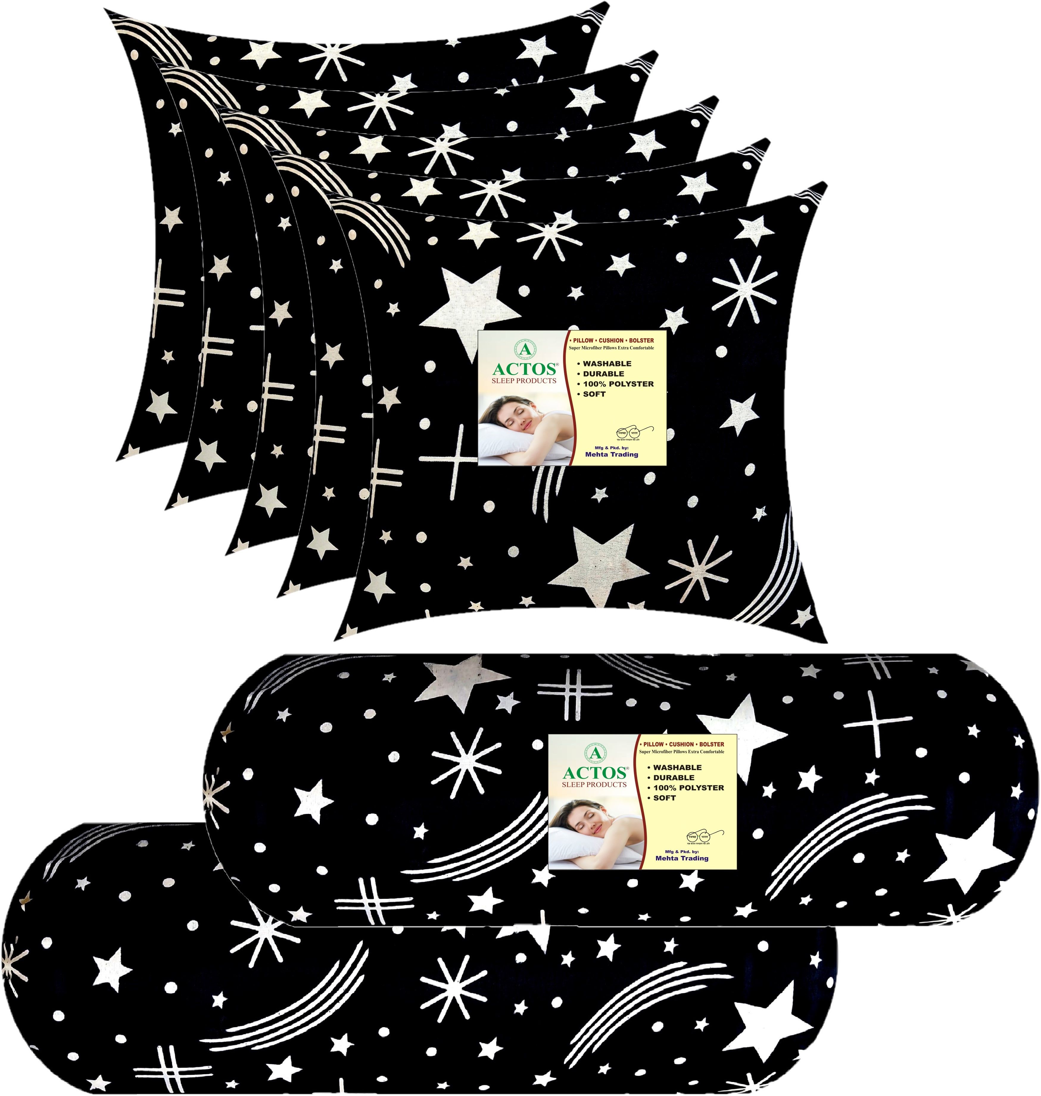 5 Cushion And 2 Microfibre Geometric Bolster Pack of 7