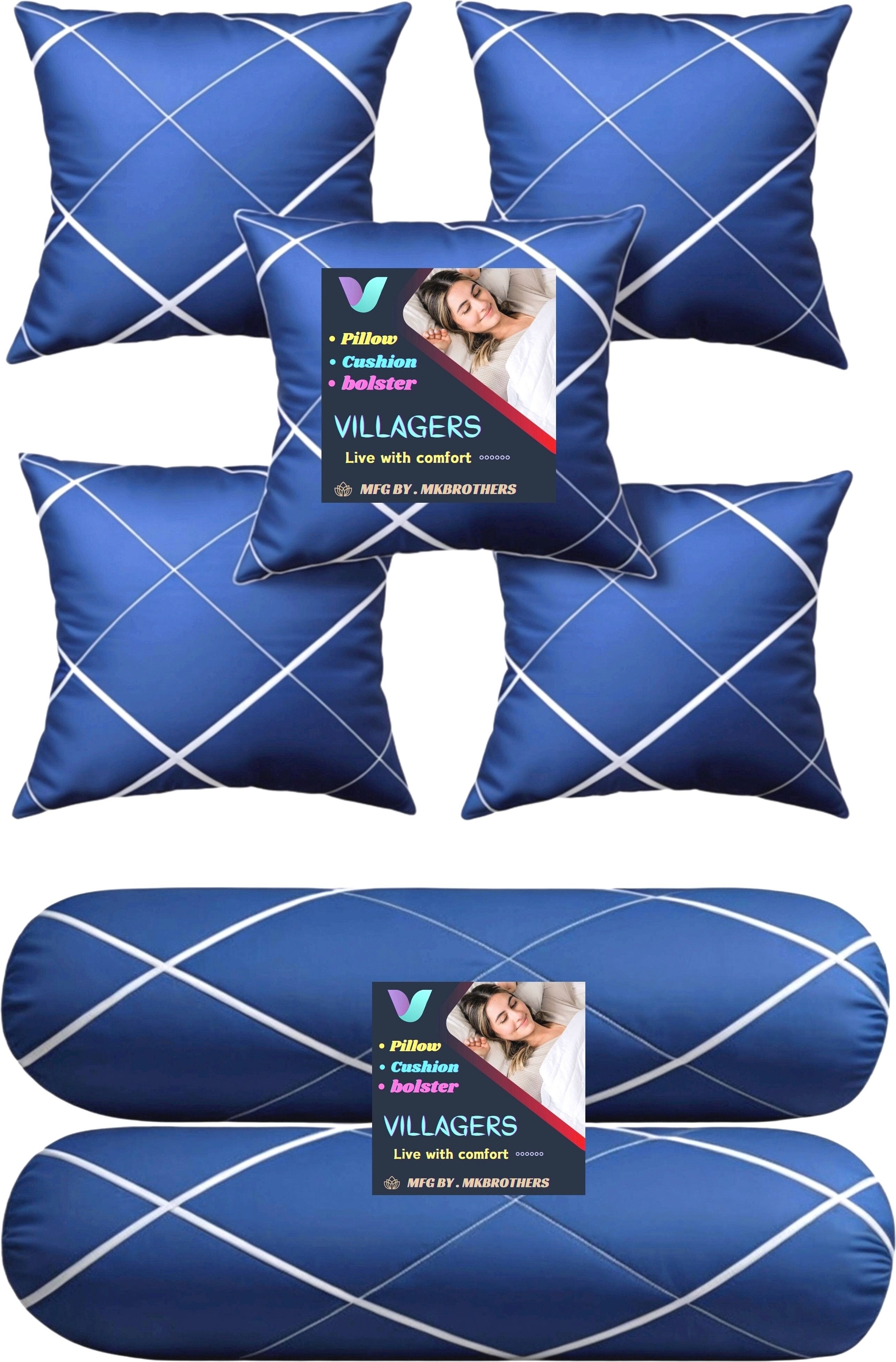 jaipurlinen 5 CushionAnd 2 Bolster Polyester Fibre Abstract Bolster Pack of 7-picture-8