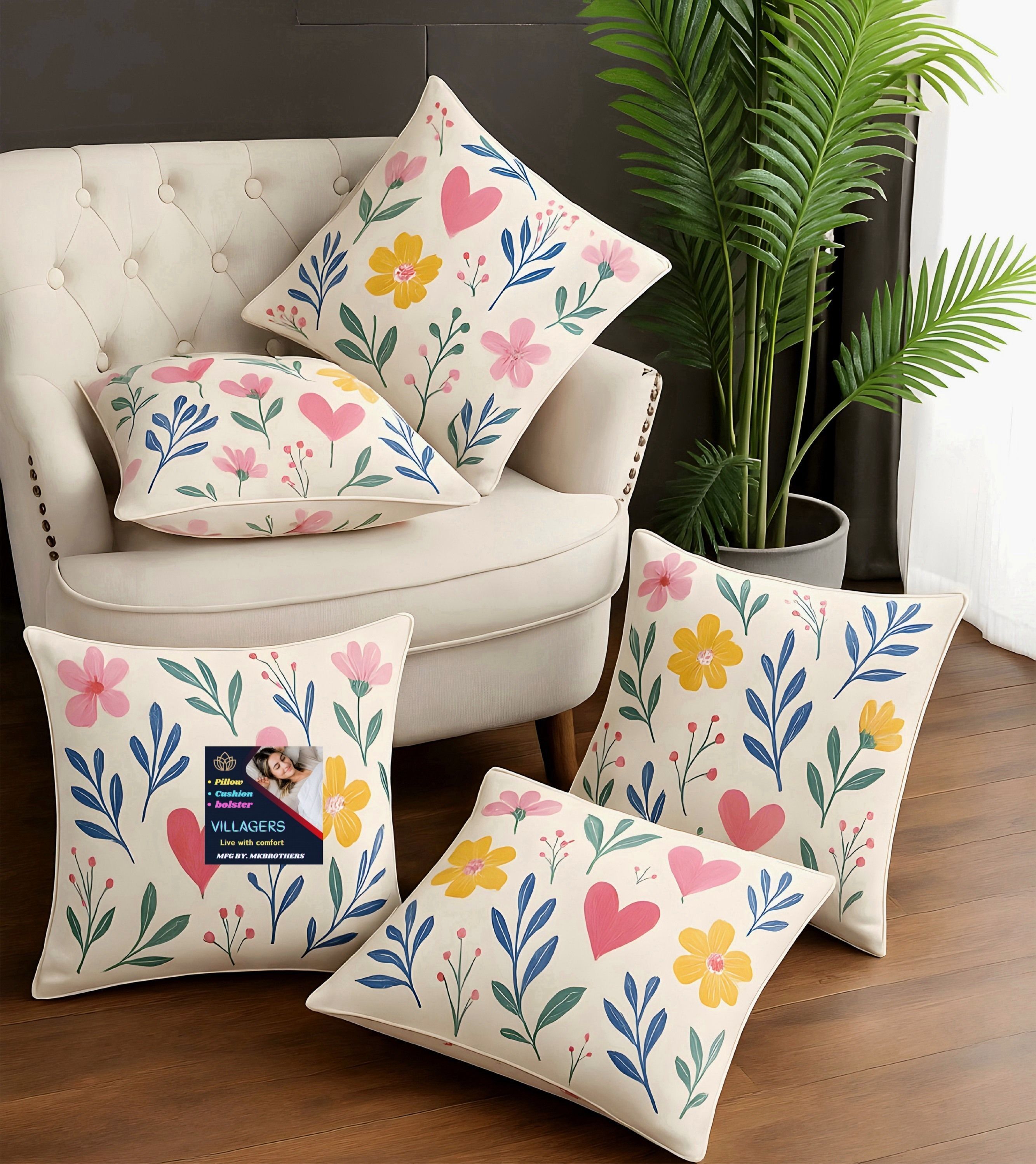 villagers Microfibre Cushion Pack of 5 Floral Premium Cushion Set | (16x16 inch)-picture-45