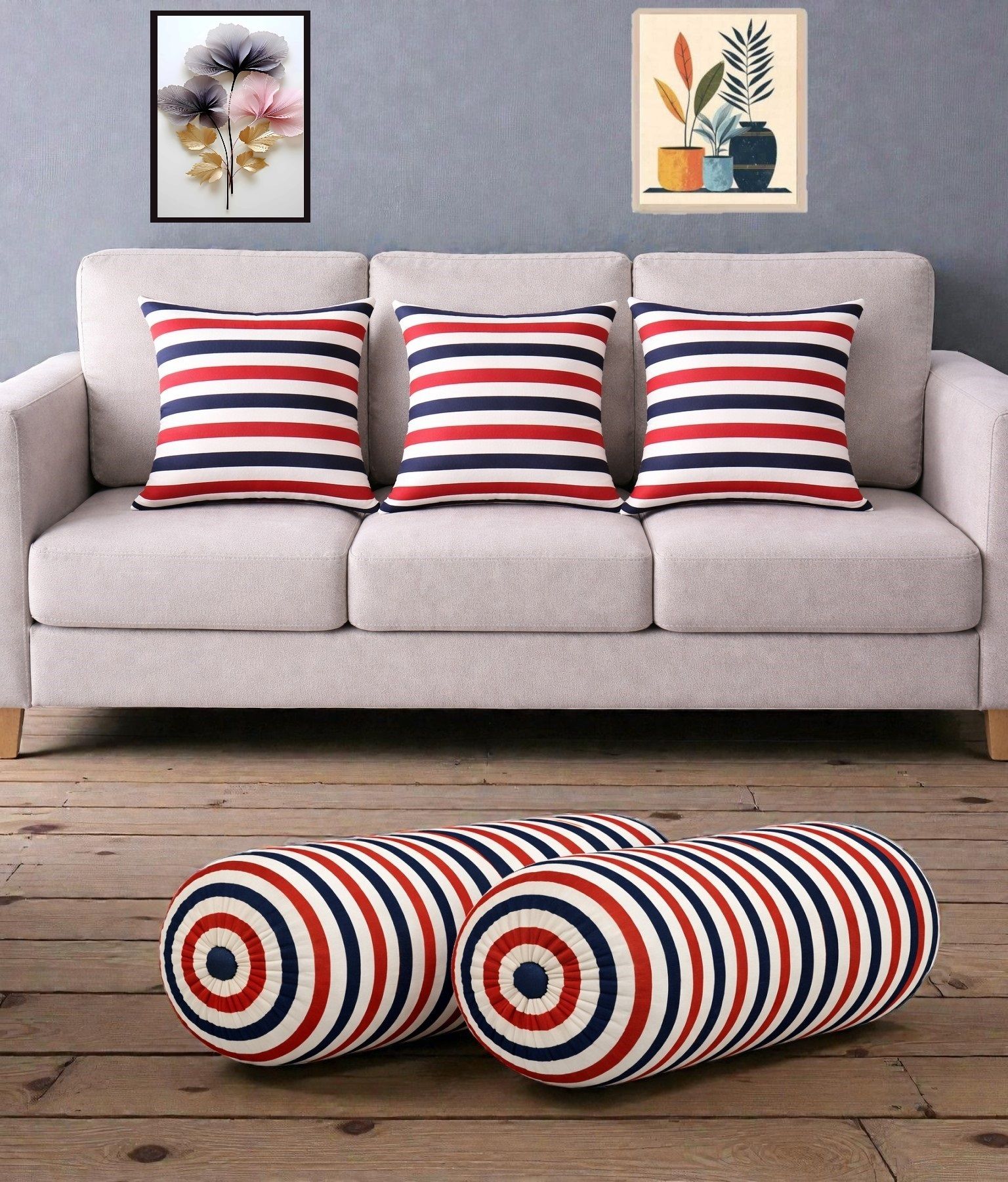 swikon star Microfibre Bolster Pack of 5 Stripes Combo Set Of 3 Cushion And 2 Bolster-picture-2