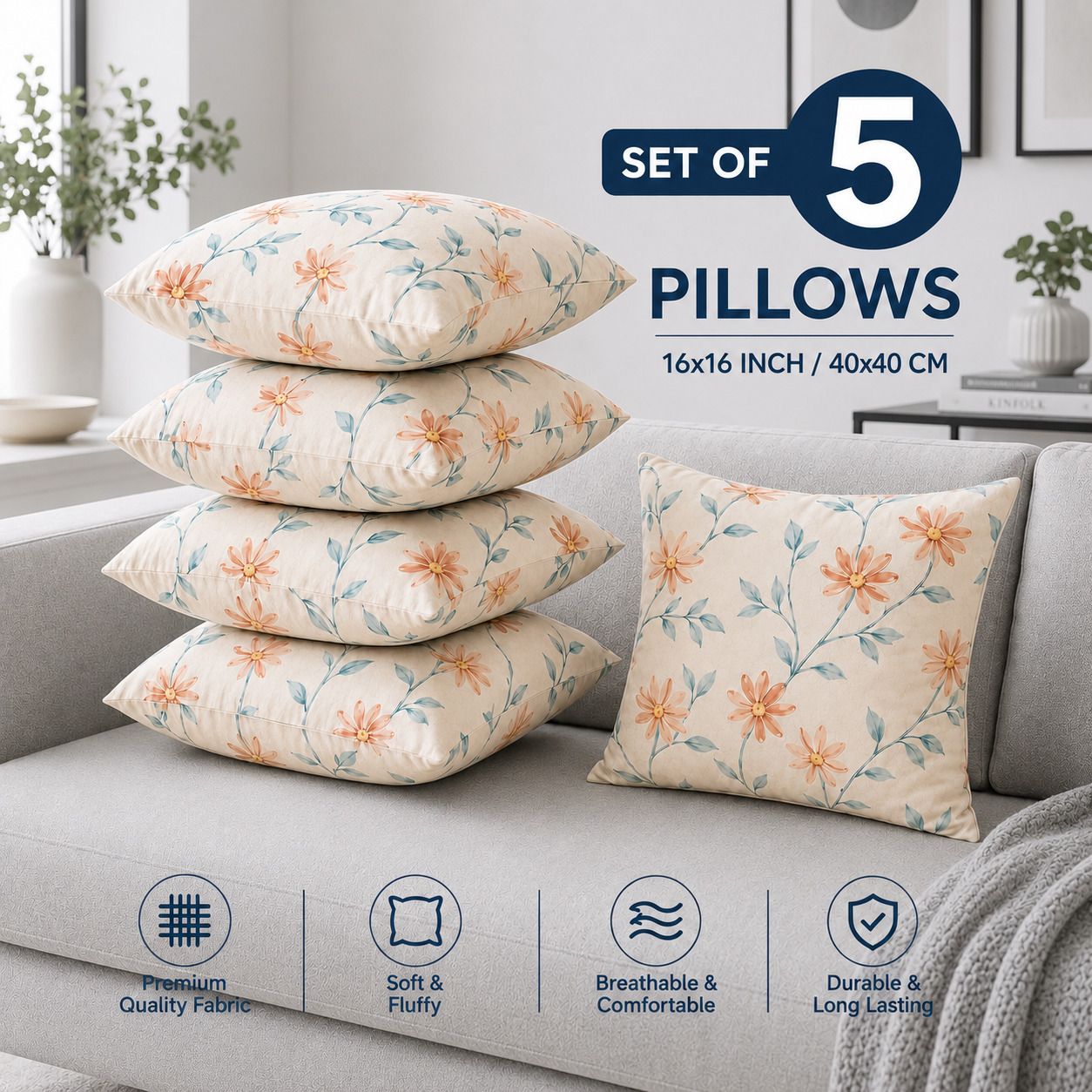 Microfibre Cushion Pack of 5 Floral Premium Cushion Set | (16x16 inch)-image-16