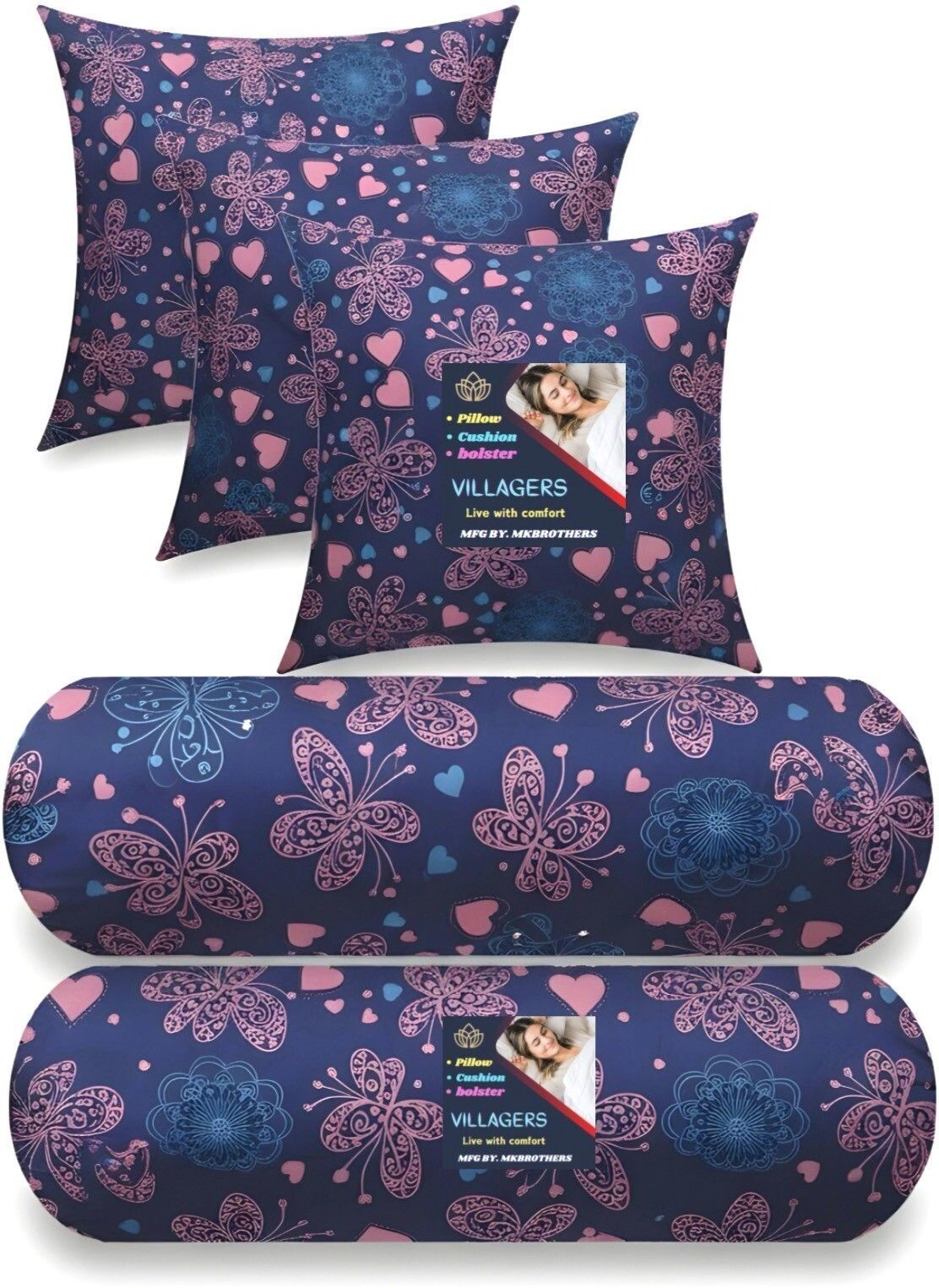 Microfibre Bolster Pack of 5 Geometric 3 Cushion & 2 Bolster Set - Butterfly Print-image-18