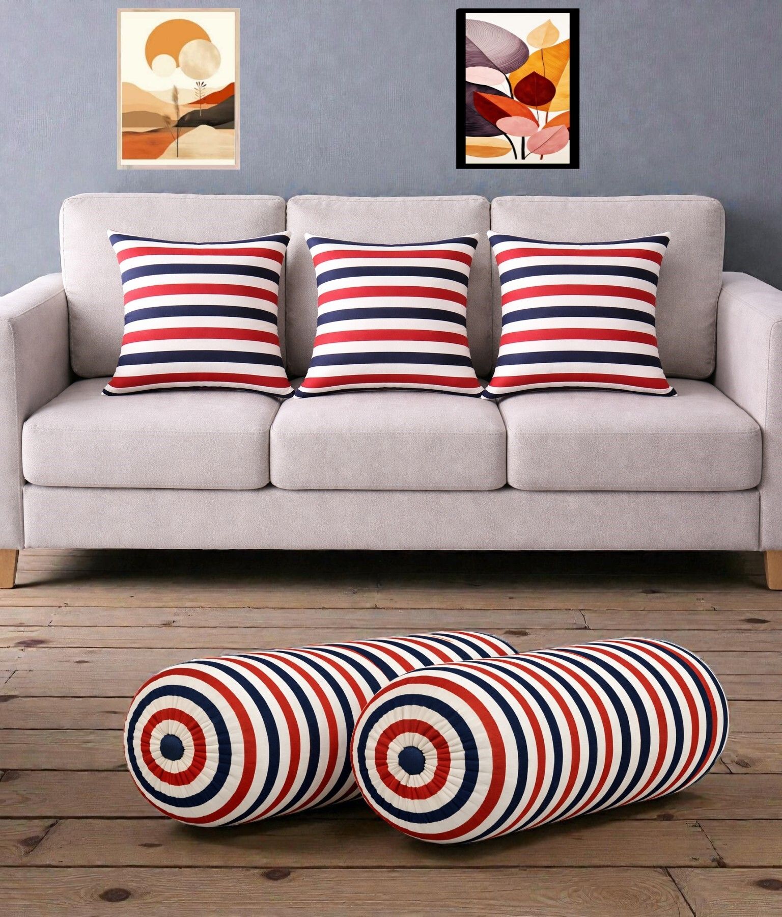 swikon star Microfibre Bolster Pack of 5 Stripes Combo Set Of 3 Cushion And 2 Bolster-picture-39